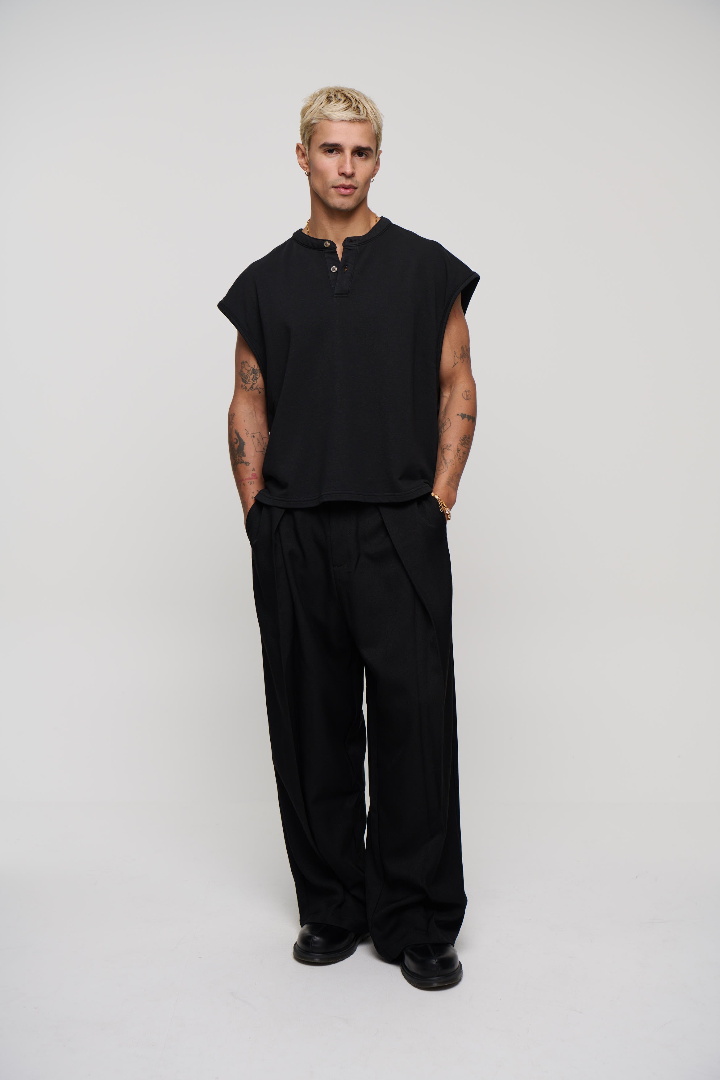 Fleece Crop Henley Tank Black