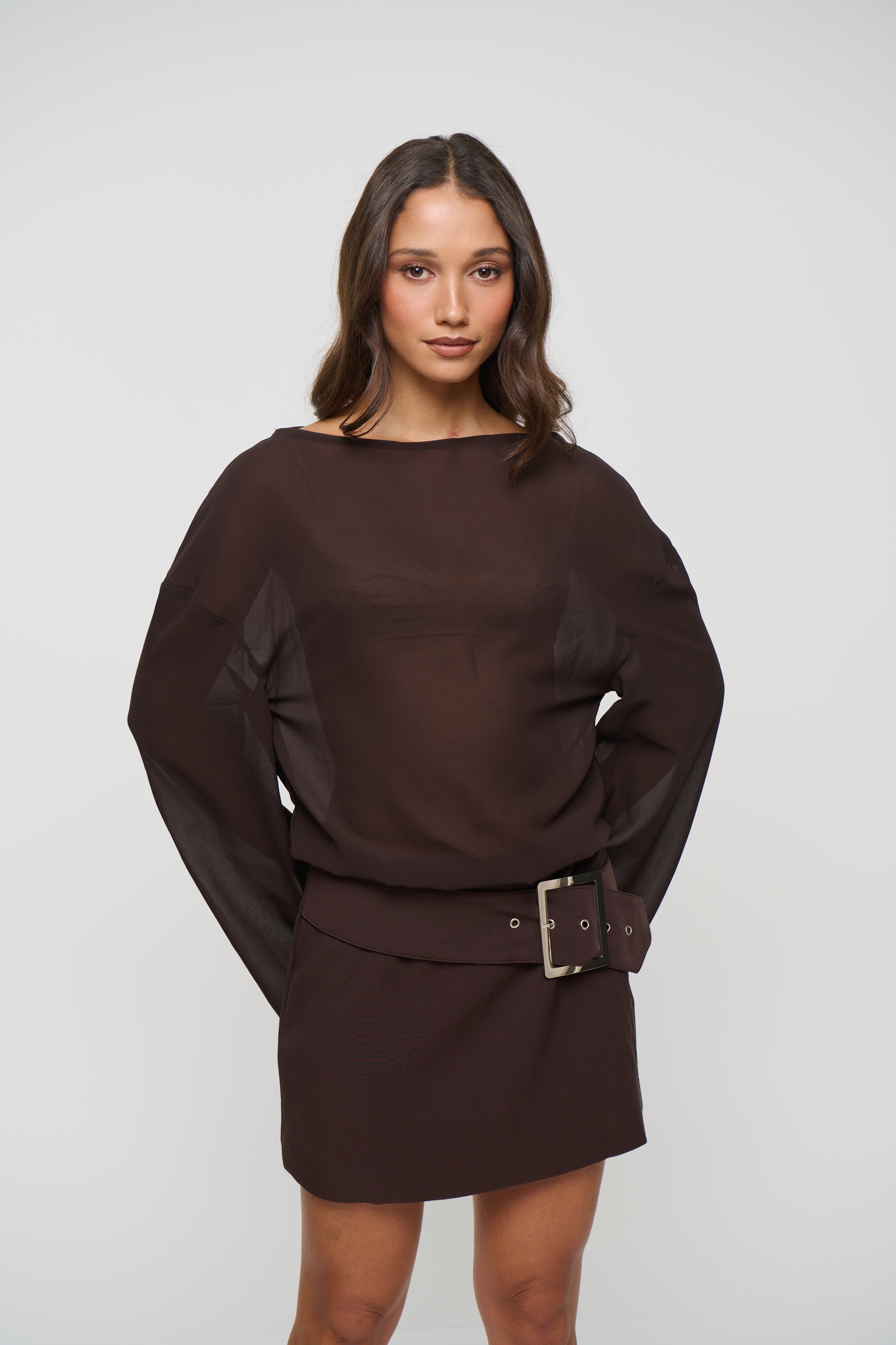 Daria Boat Neck Mini Dress Chocolate
