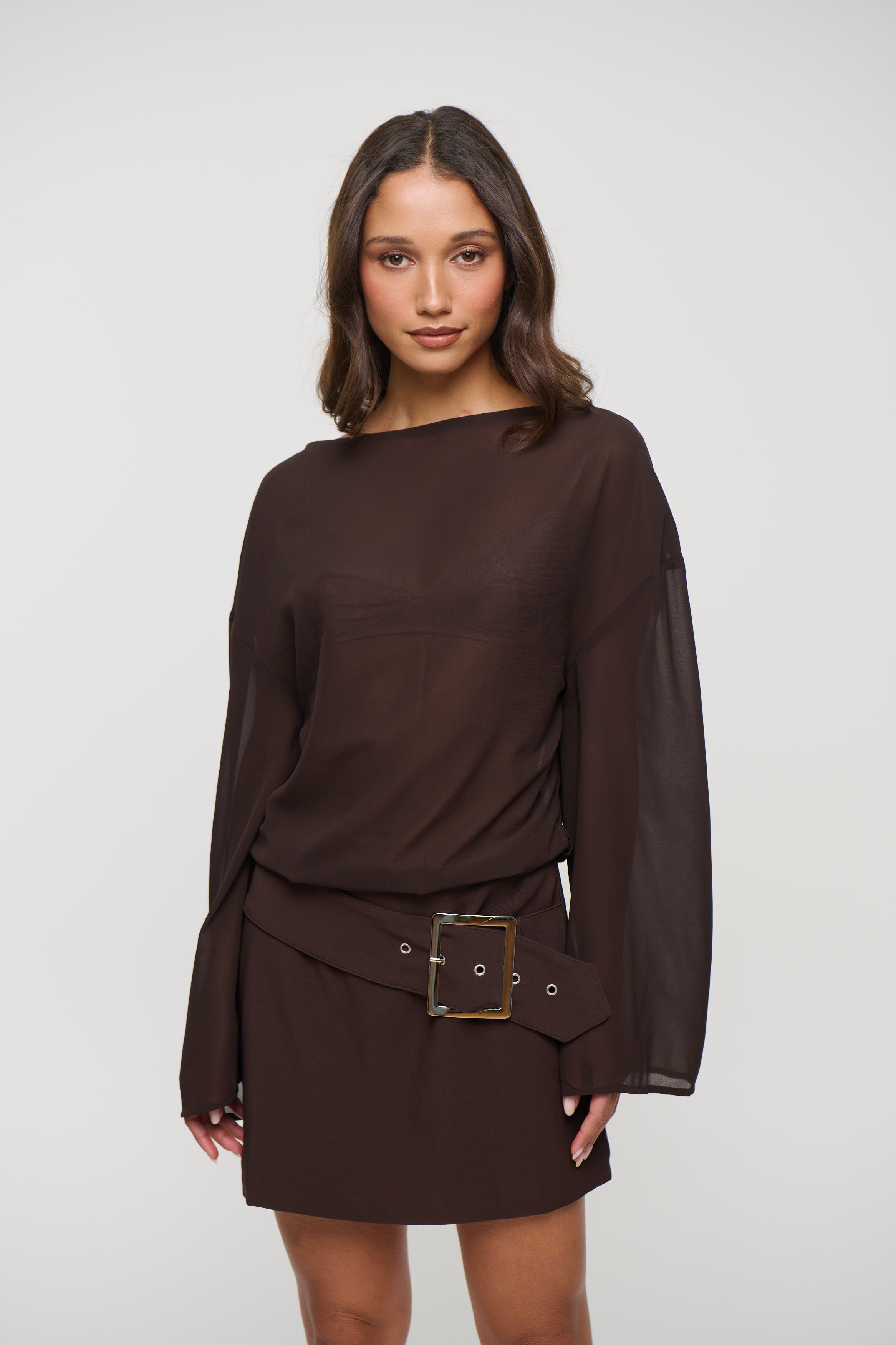 Daria Boat Neck Mini Dress Chocolate