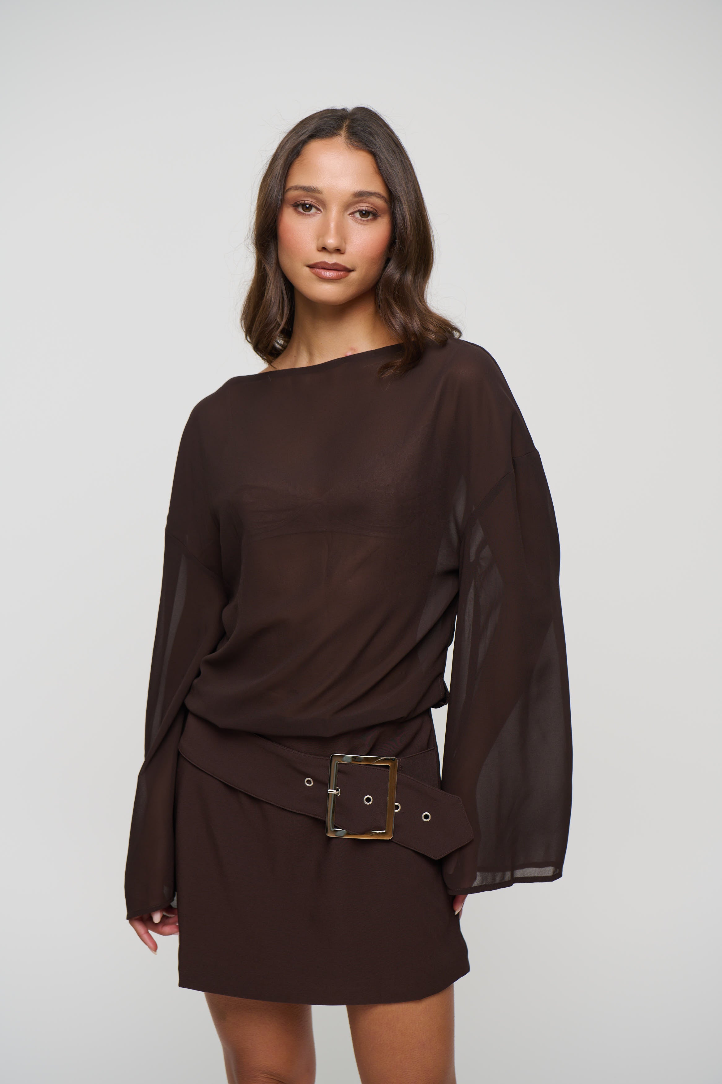 Daria Boat Neck Mini Dress Chocolate