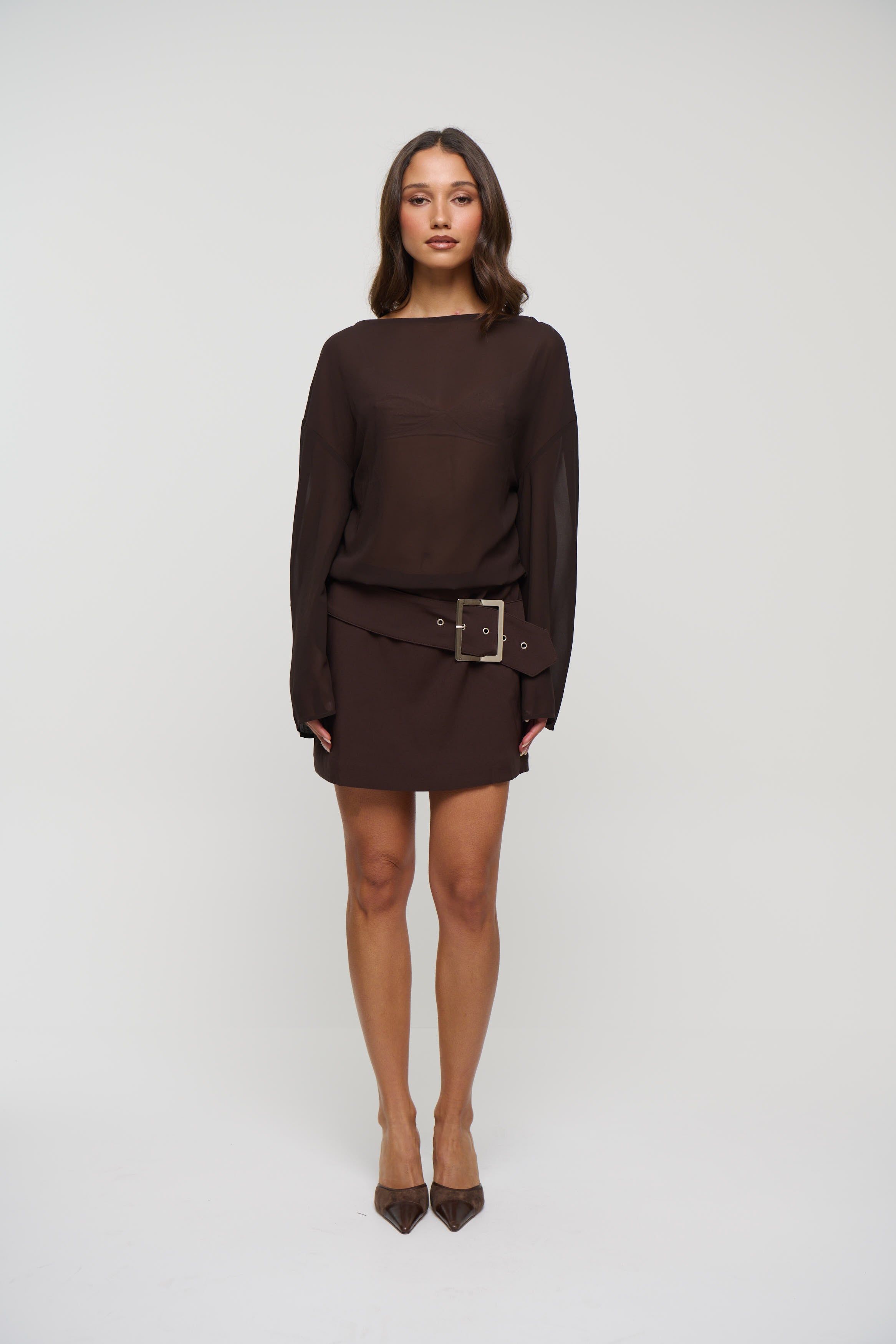 Daria Boat Neck Mini Dress Chocolate