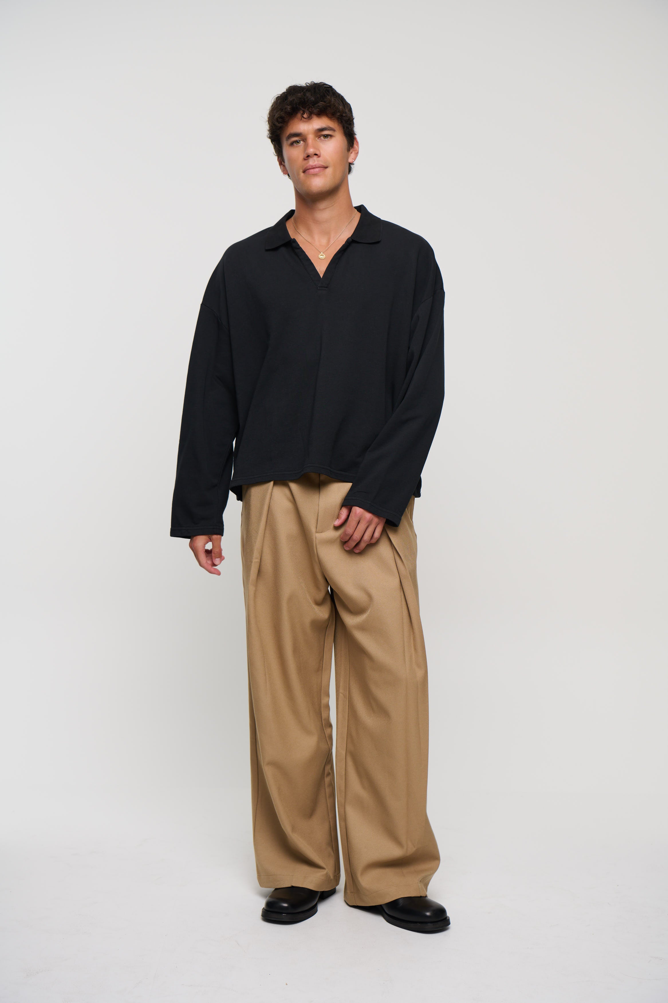Jersey Crop Polo Long Sleeve Black