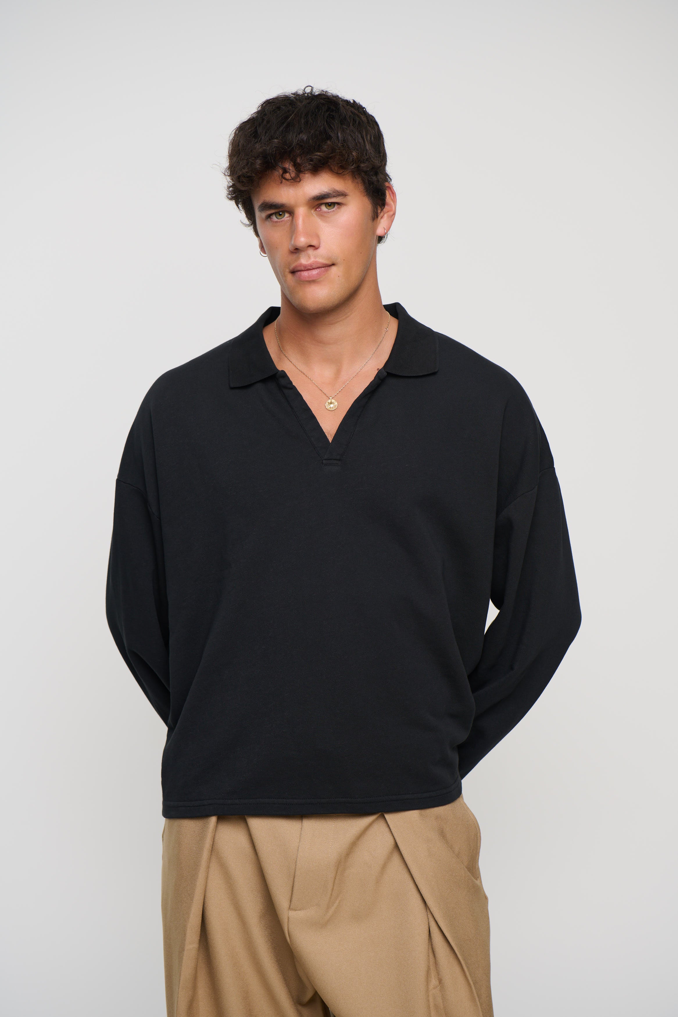 Jersey Crop Polo Long Sleeve Black