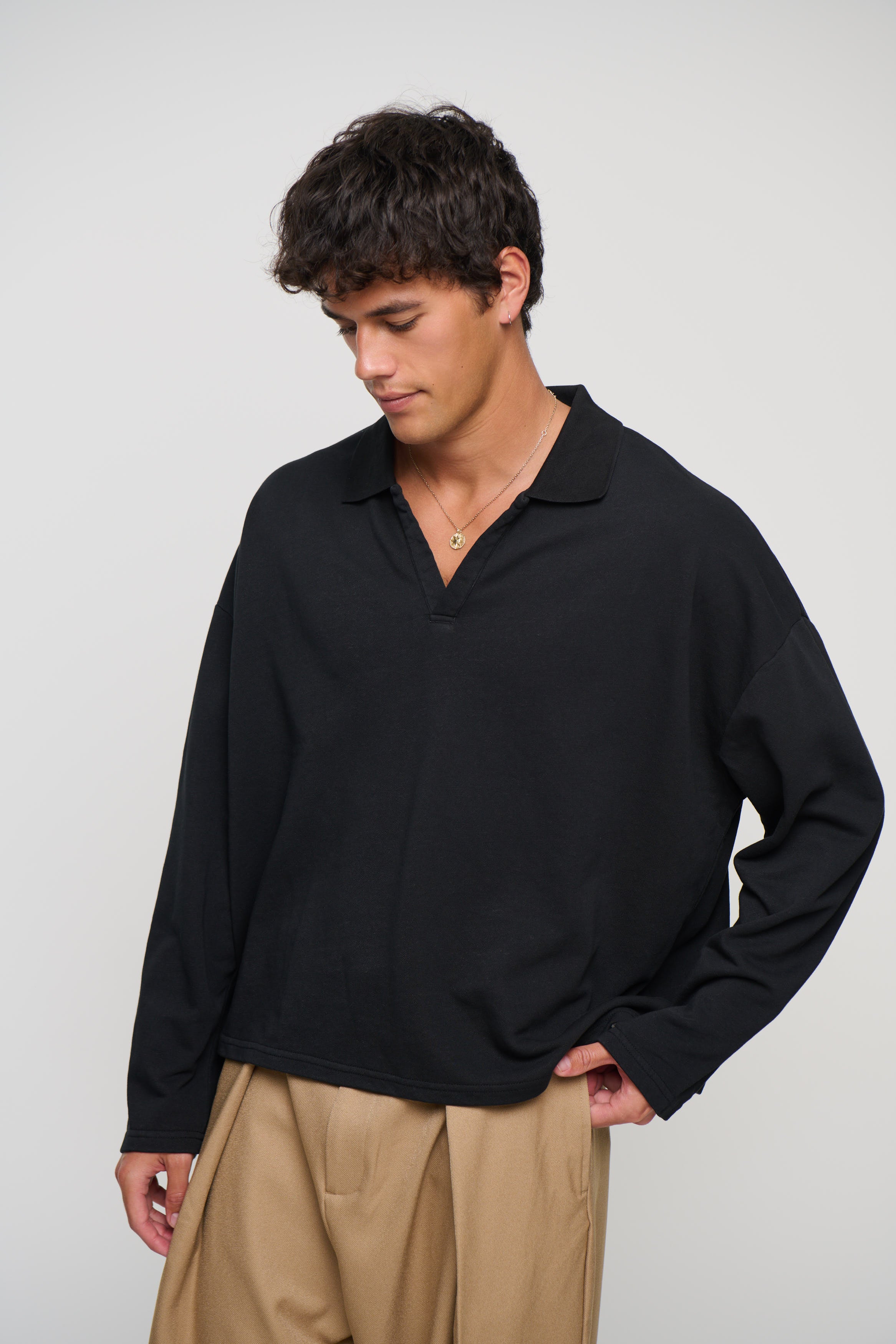 Jersey Crop Polo Long Sleeve Black