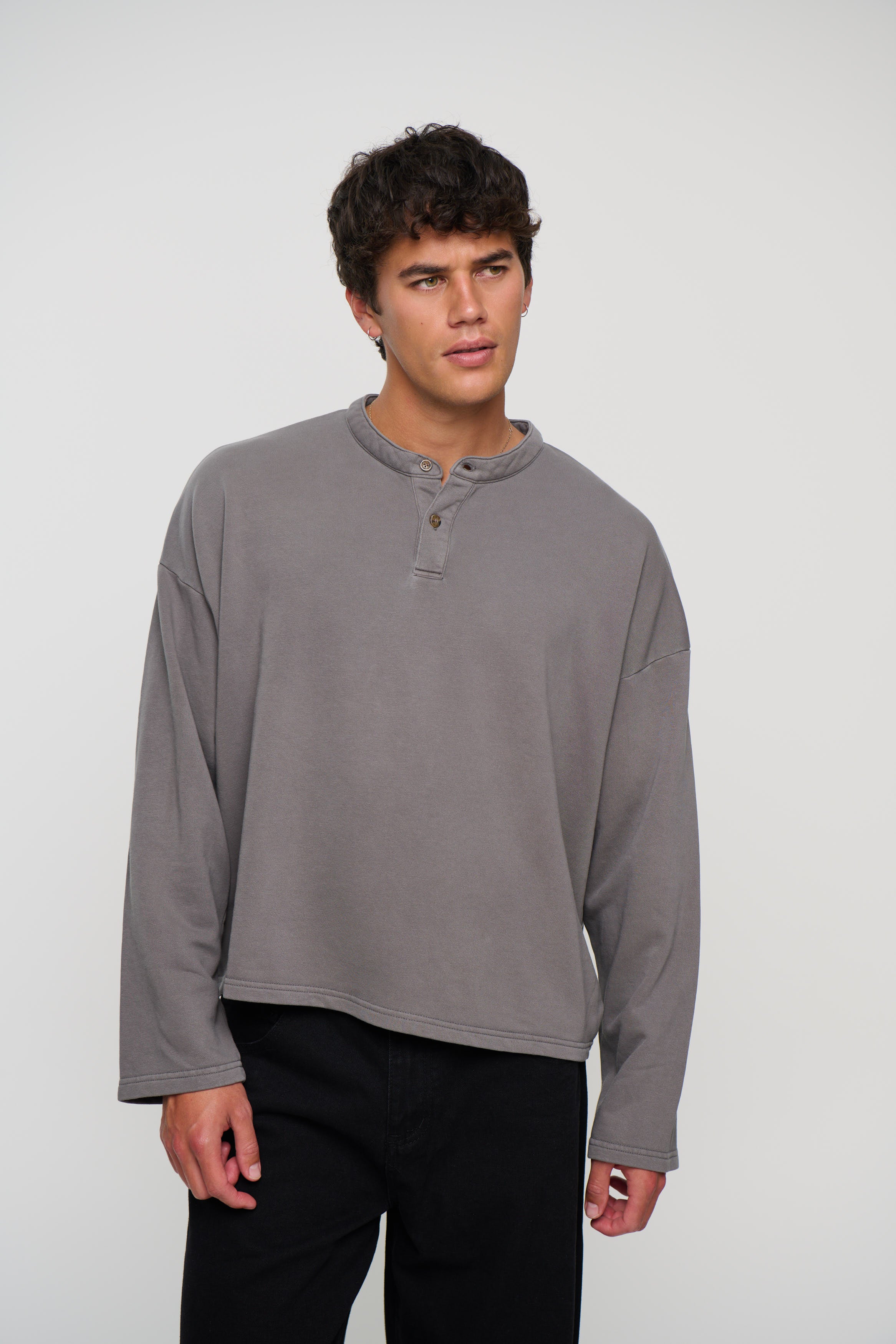 Fleece Crop Henley Charcoal