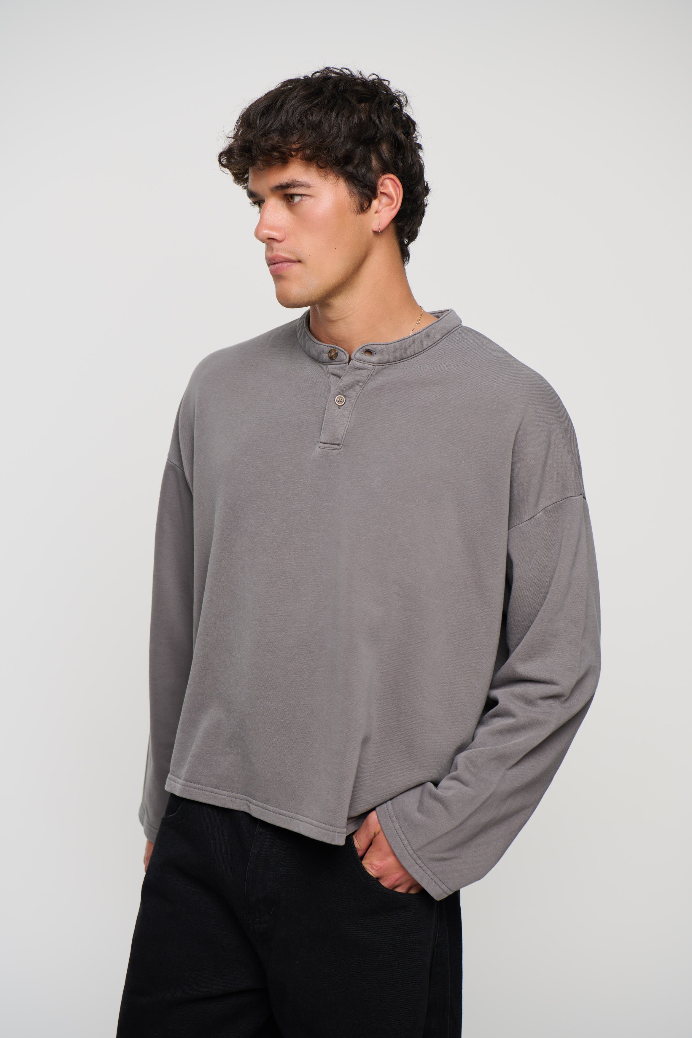 Fleece Crop Henley Charcoal