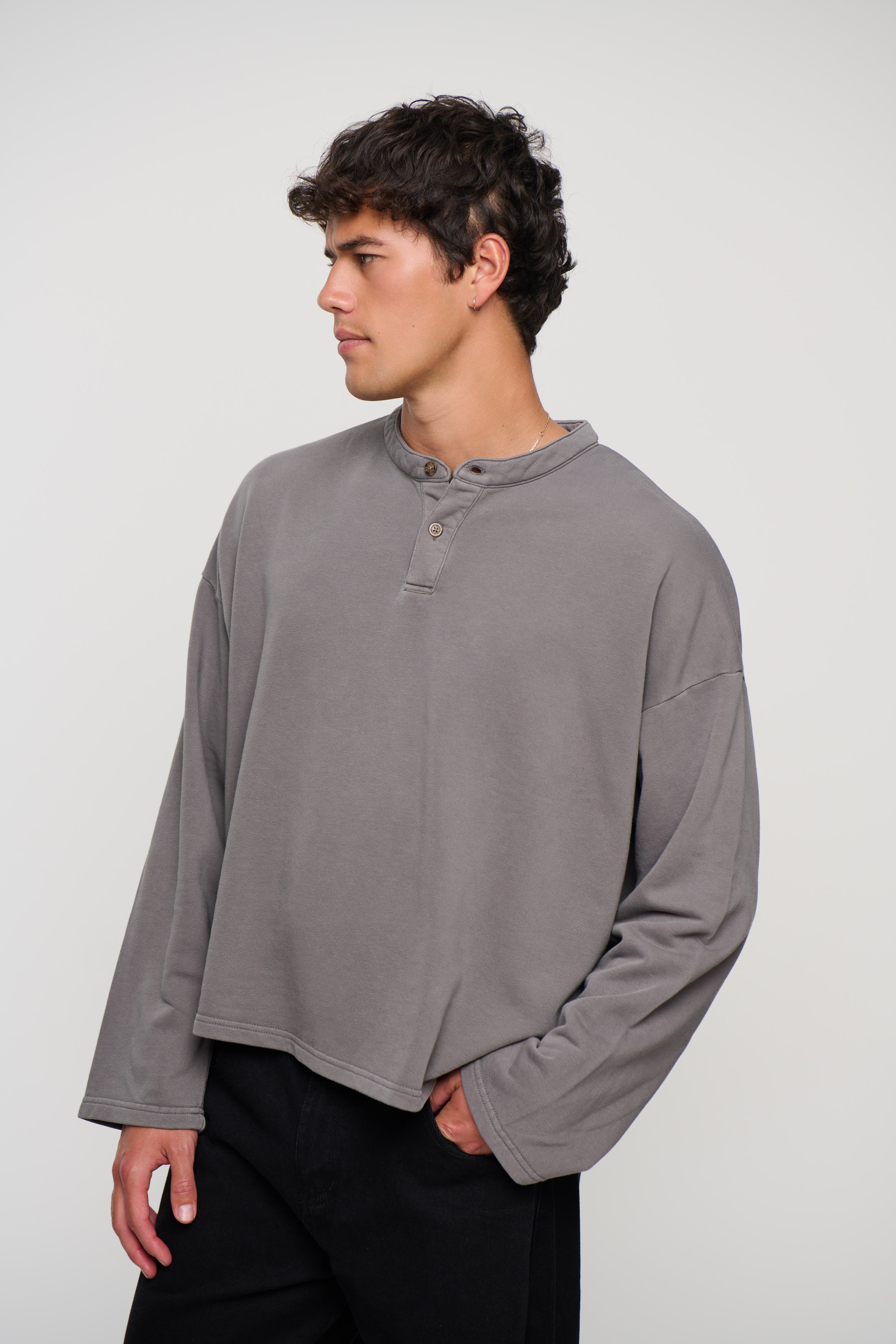 Fleece Crop Henley Charcoal