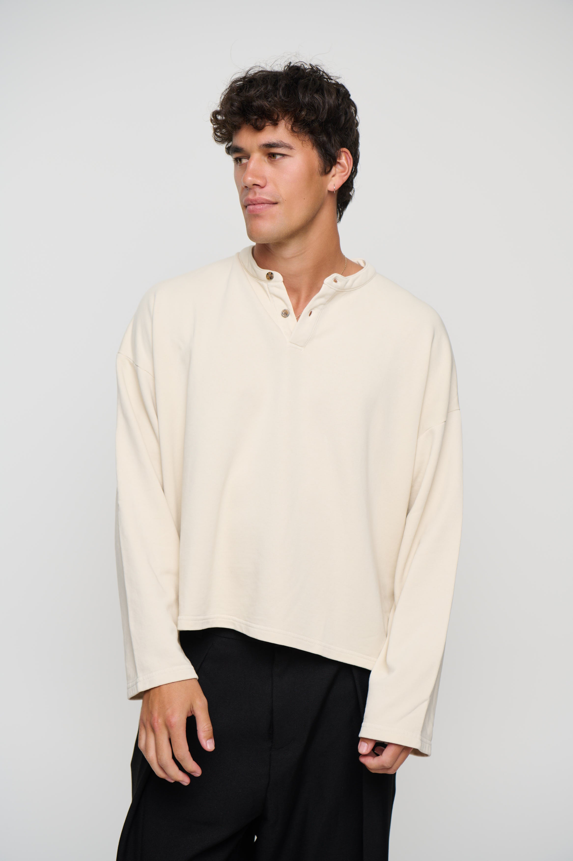 Fleece Crop Henley Ivory