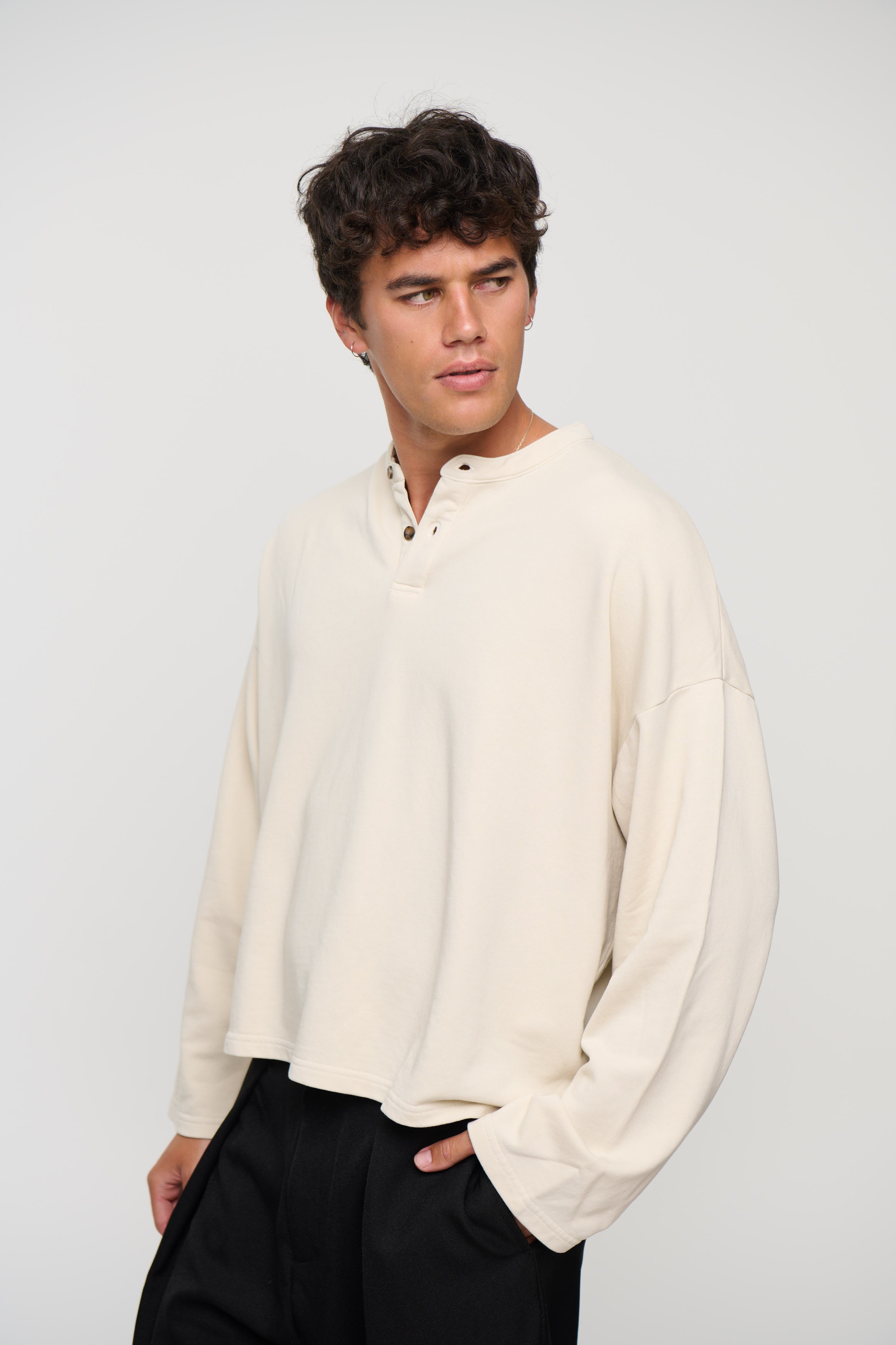 Fleece Crop Henley Ivory
