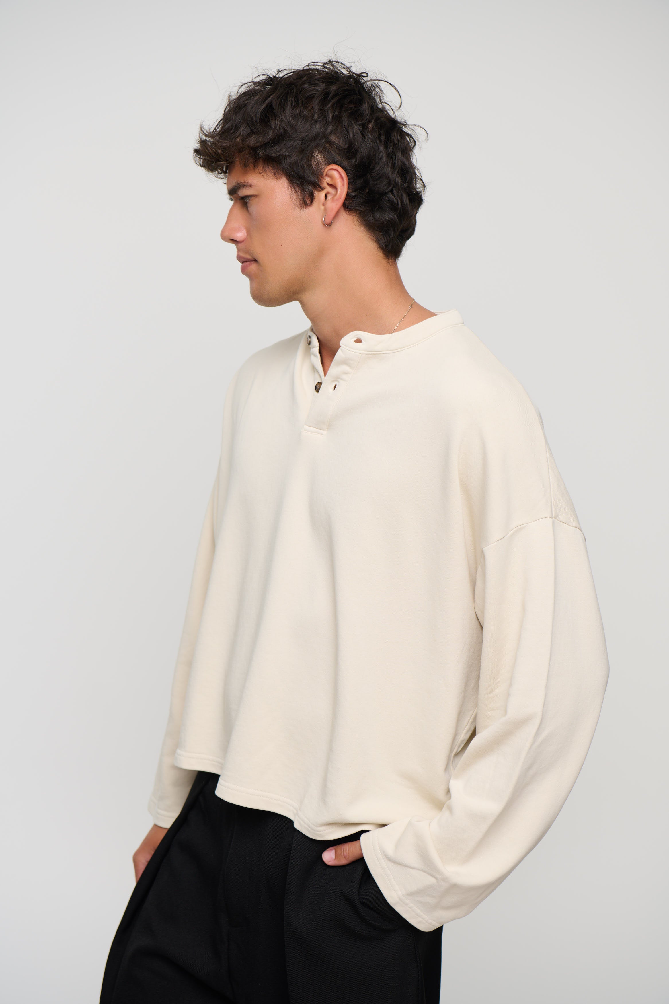 Fleece Crop Henley Ivory