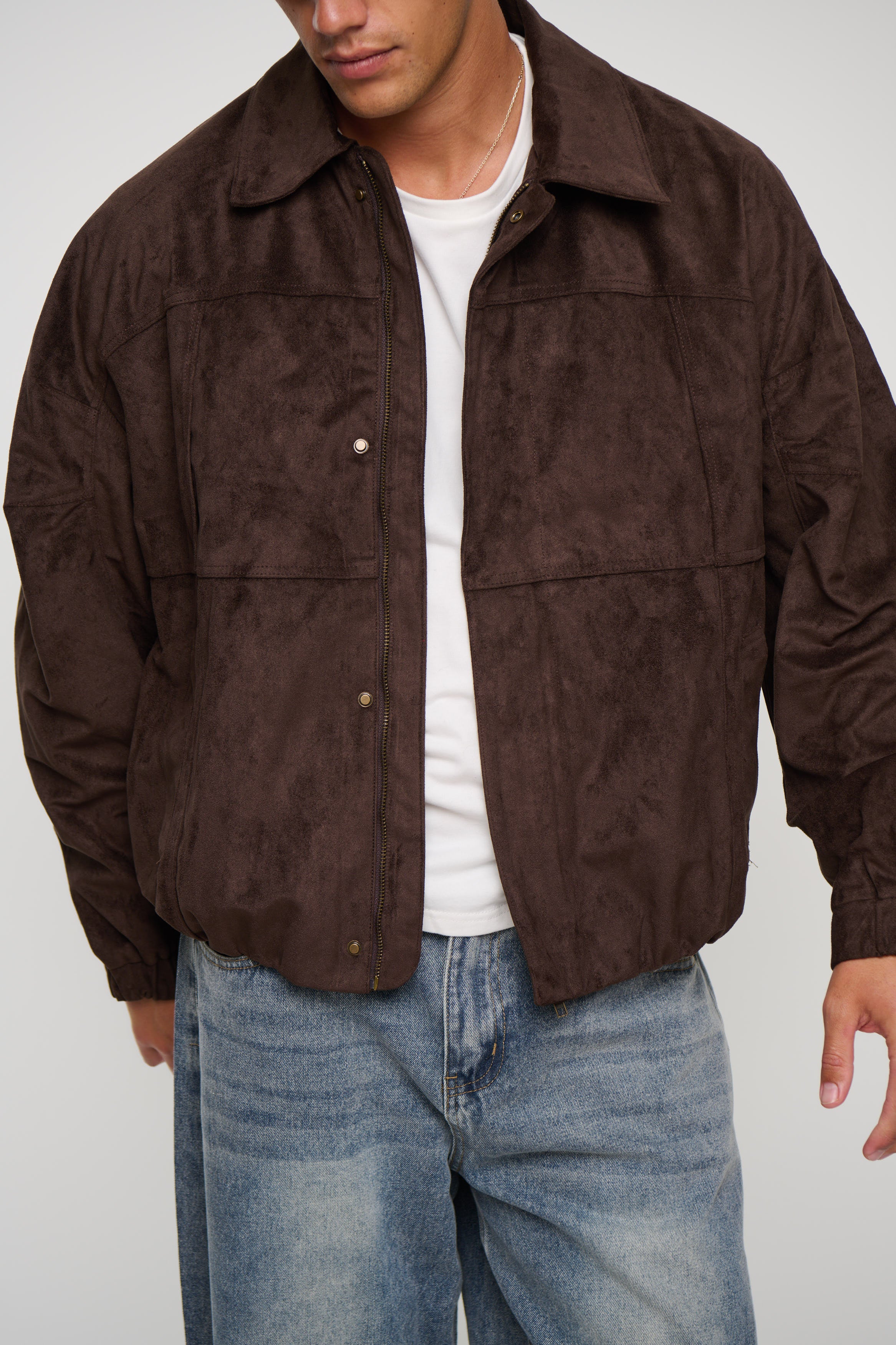 Faux Suede Bomber Jacket Choc