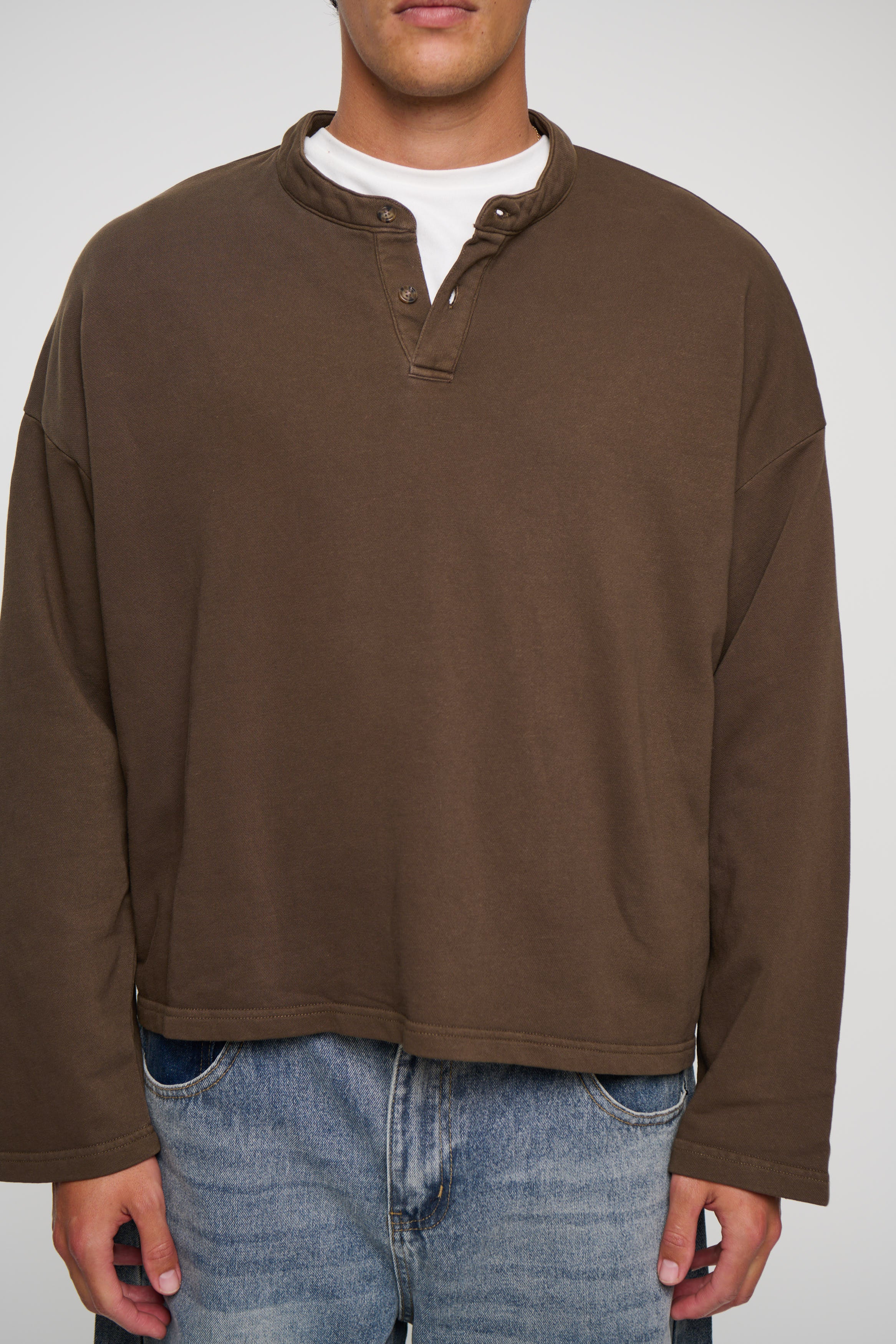 Fleece Crop Henley Choc