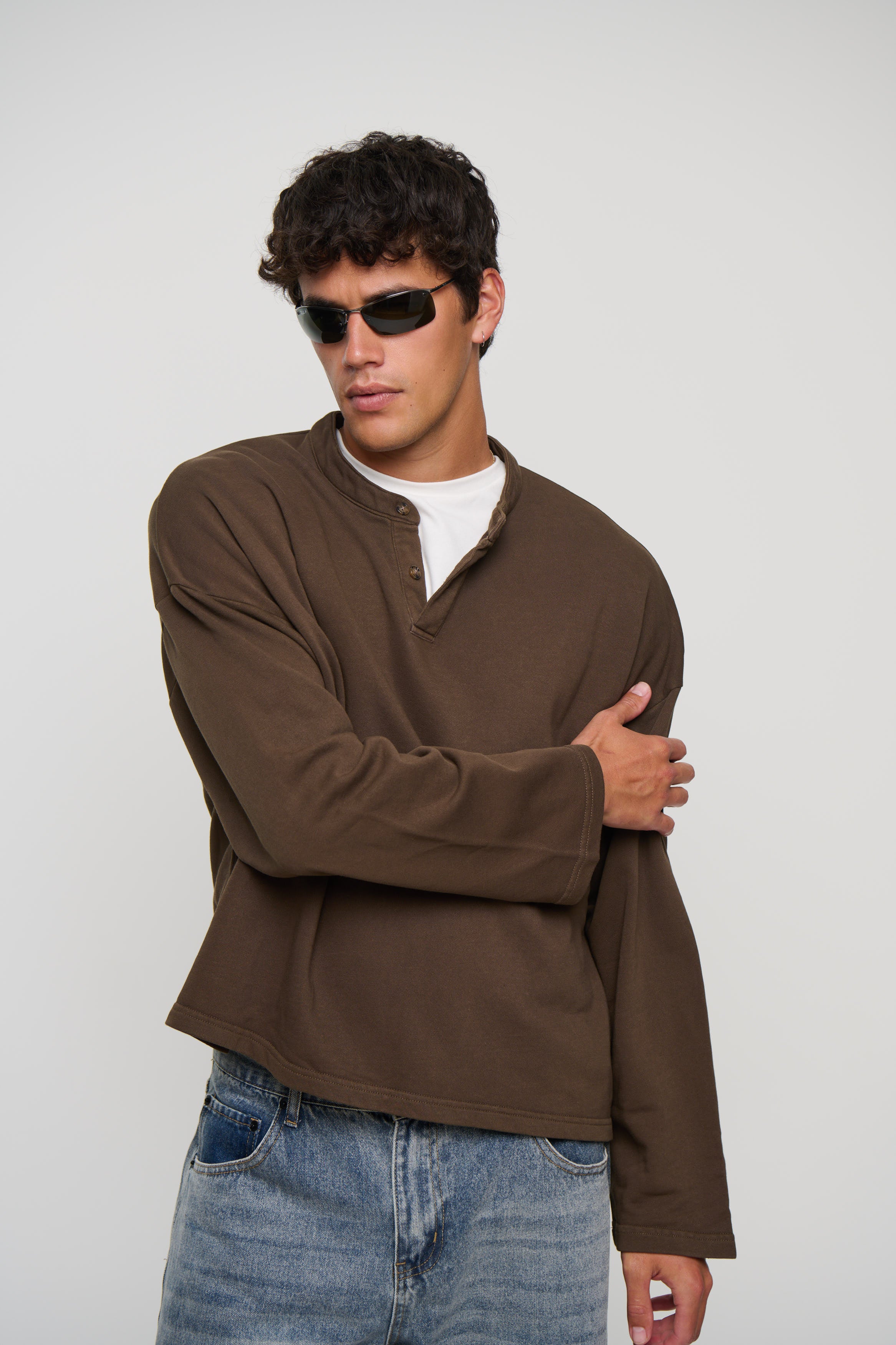 Fleece Crop Henley Choc