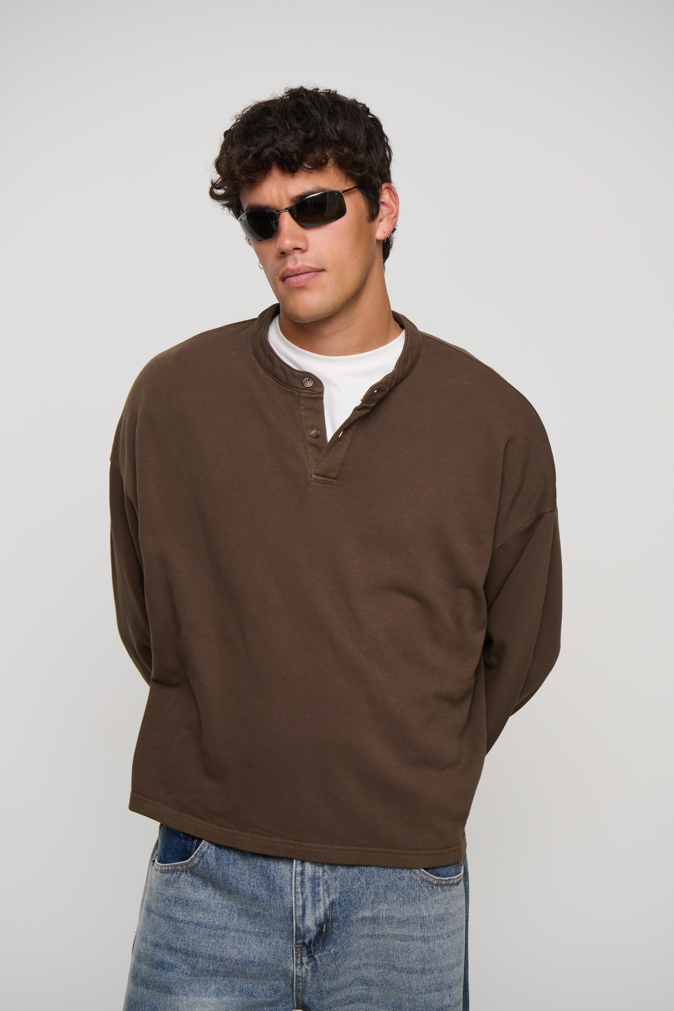 Fleece Crop Henley Choc