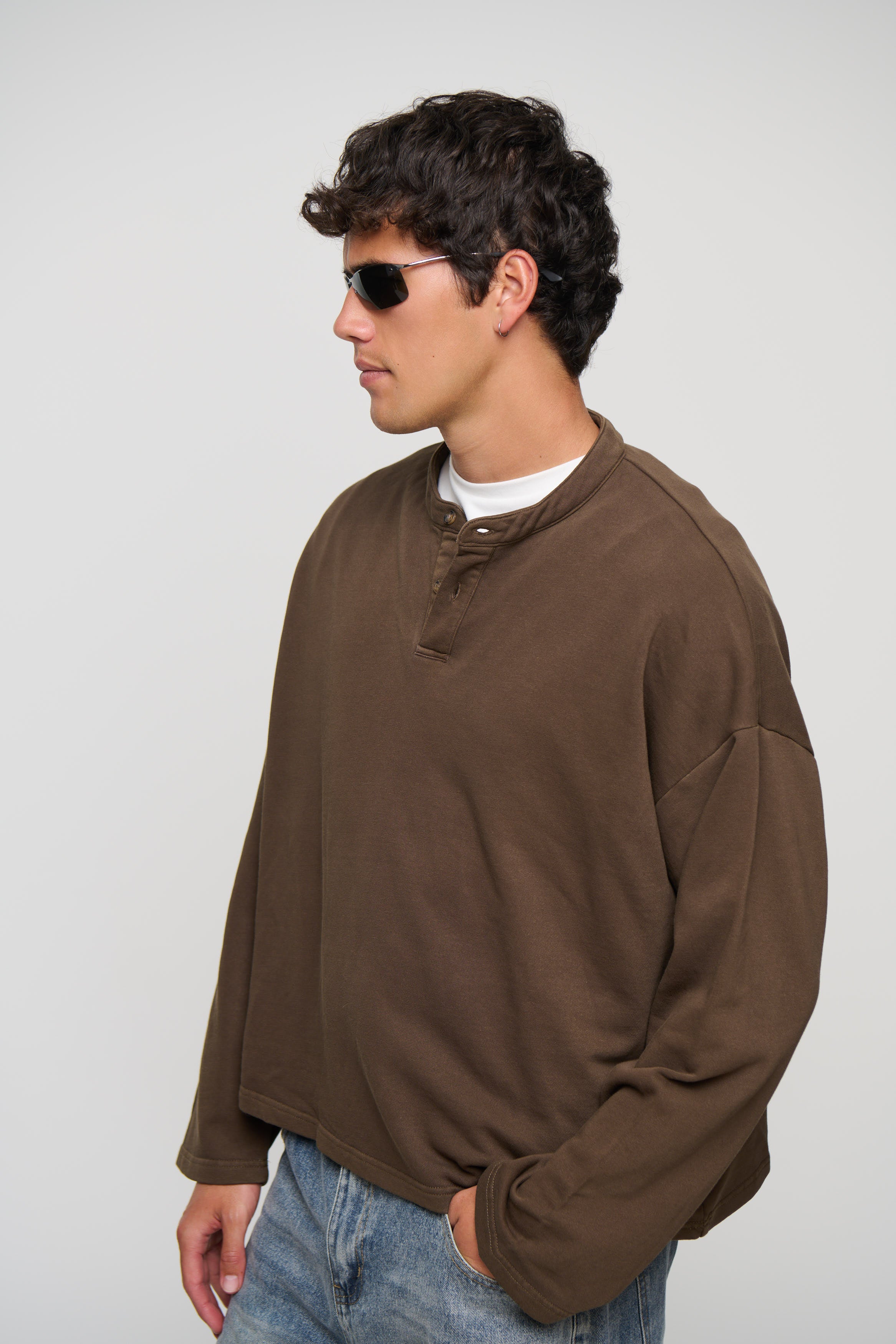 Fleece Crop Henley Choc
