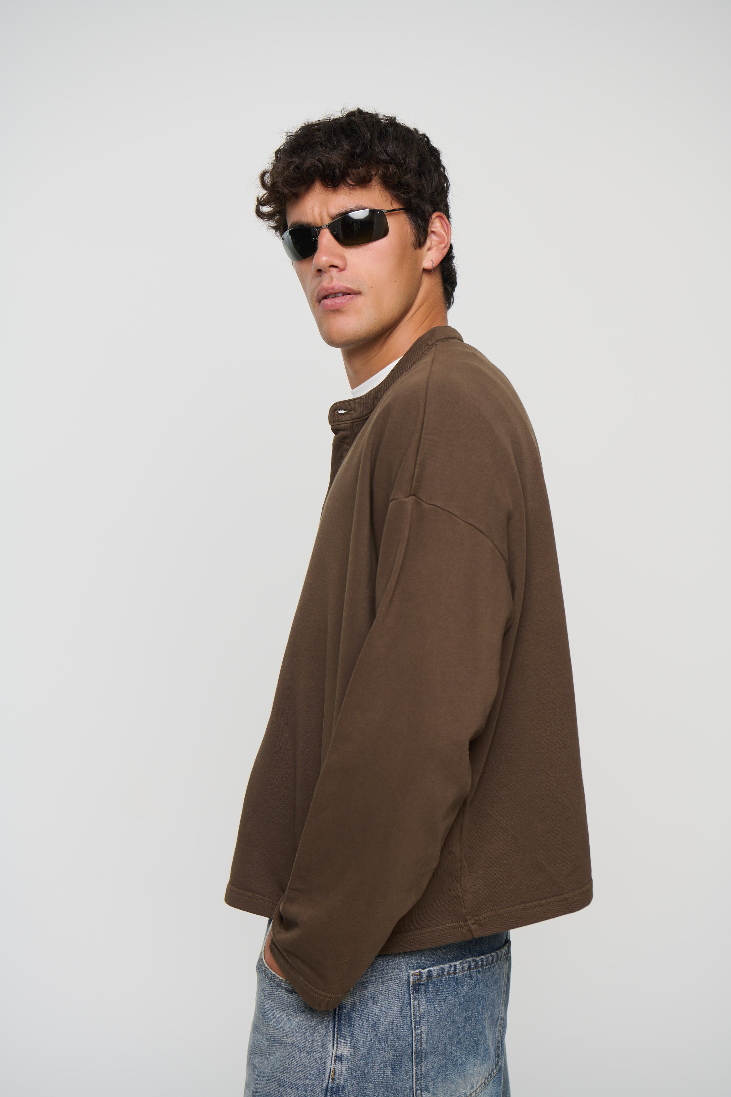 Fleece Crop Henley Choc