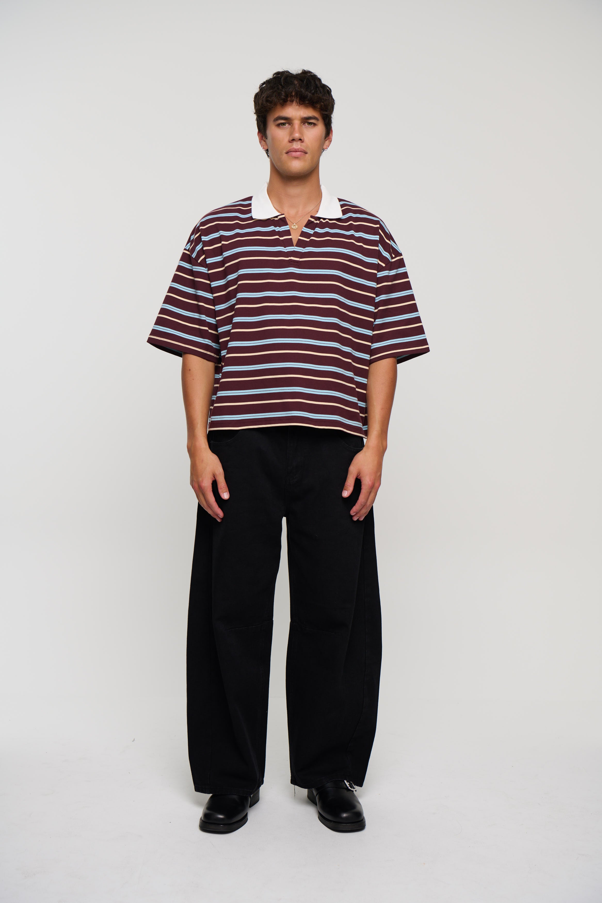 Jersey Crop Polo Wine Stripe