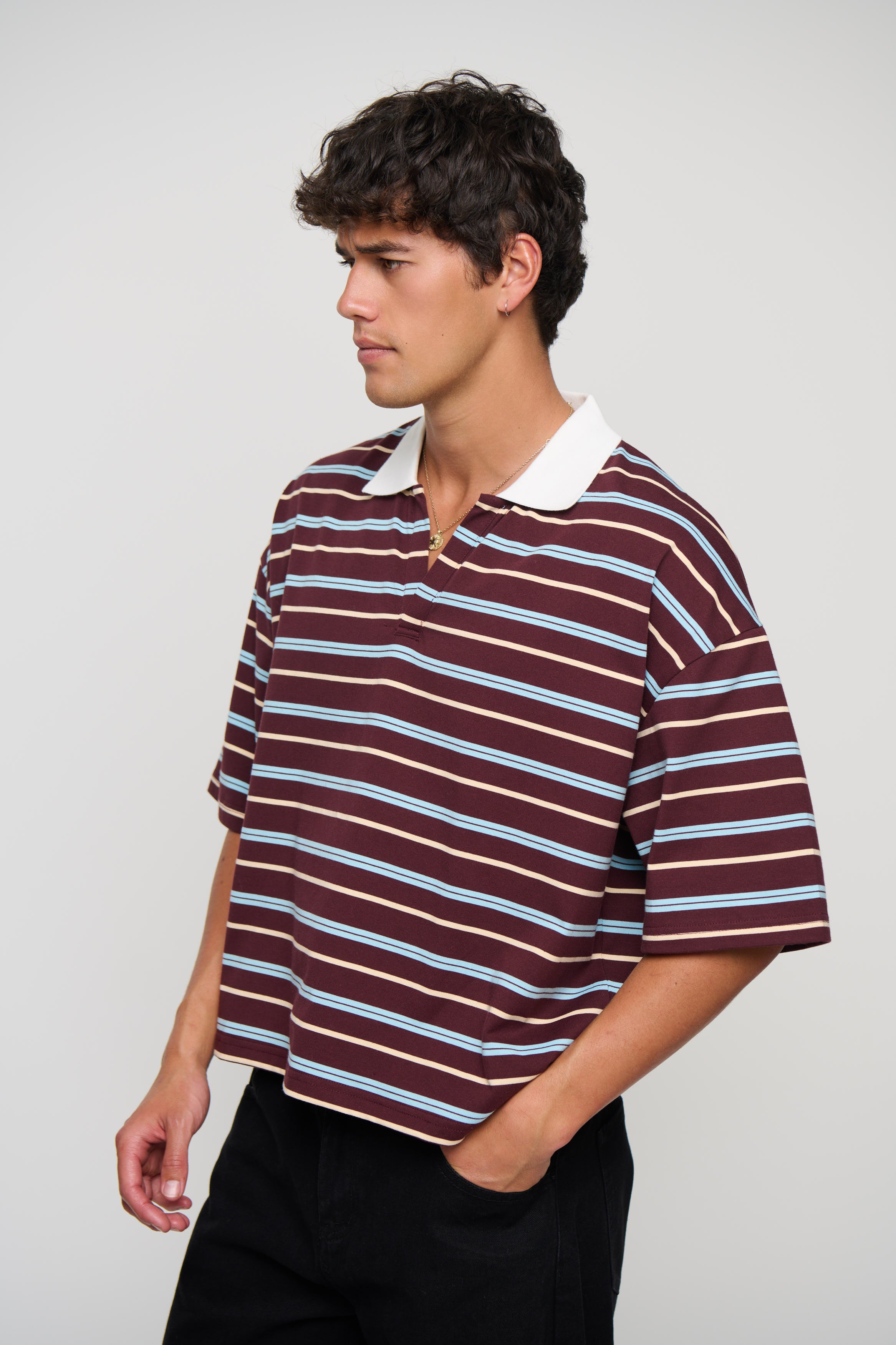 Jersey Crop Polo Wine Stripe