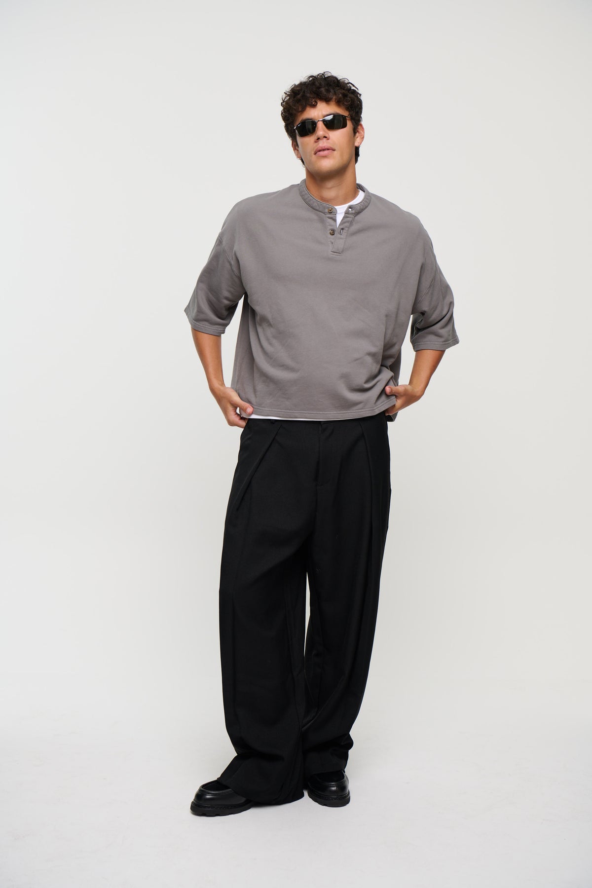 Fleece Crop Henley Tee Charcoal