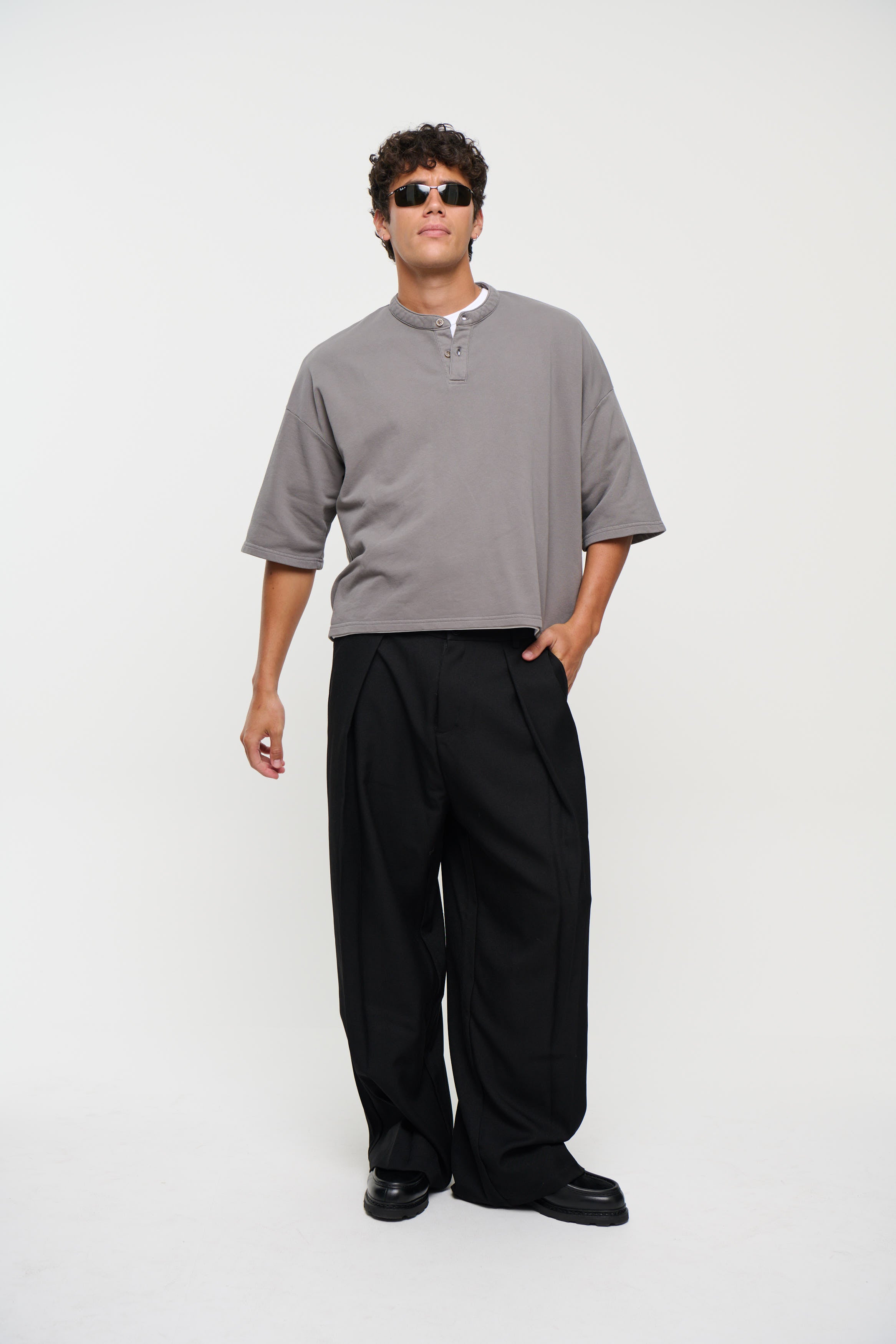 Fleece Crop Henley Tee Charcoal