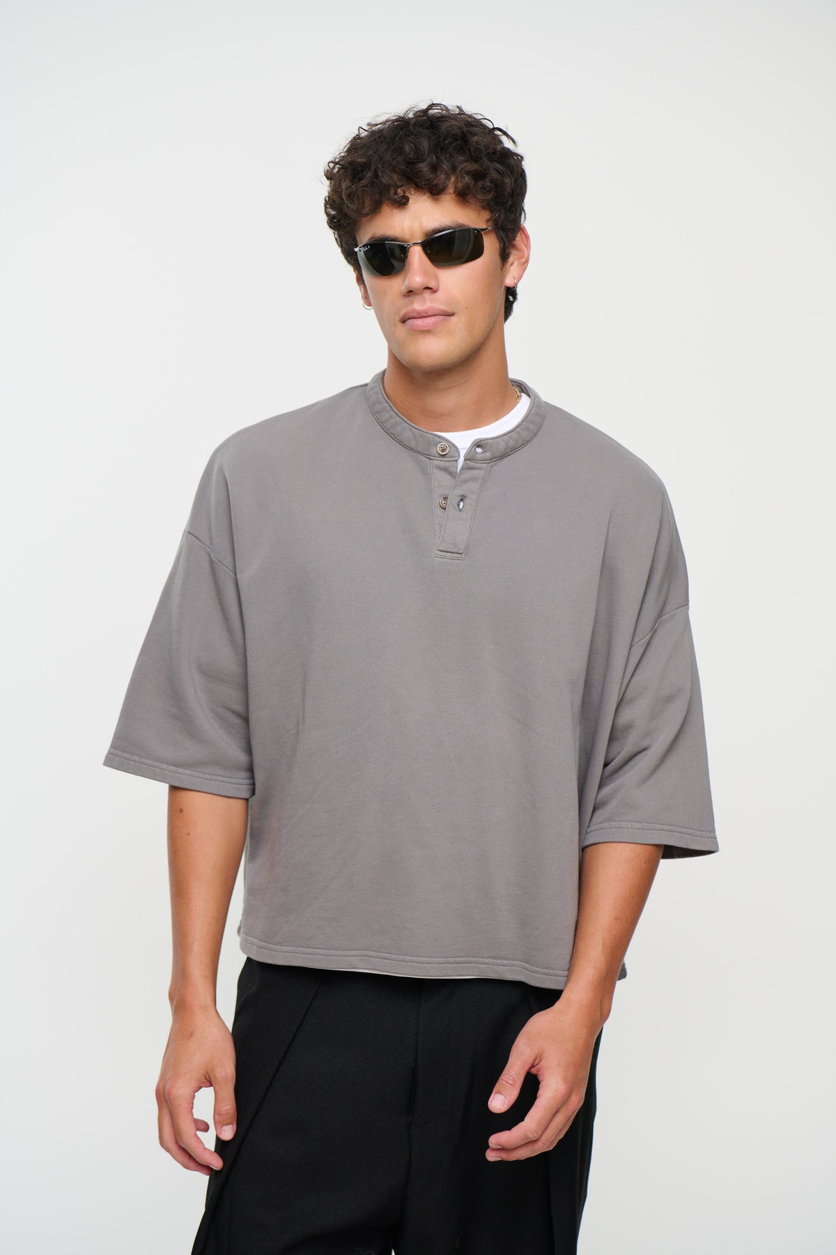 Fleece Crop Henley Tee Charcoal