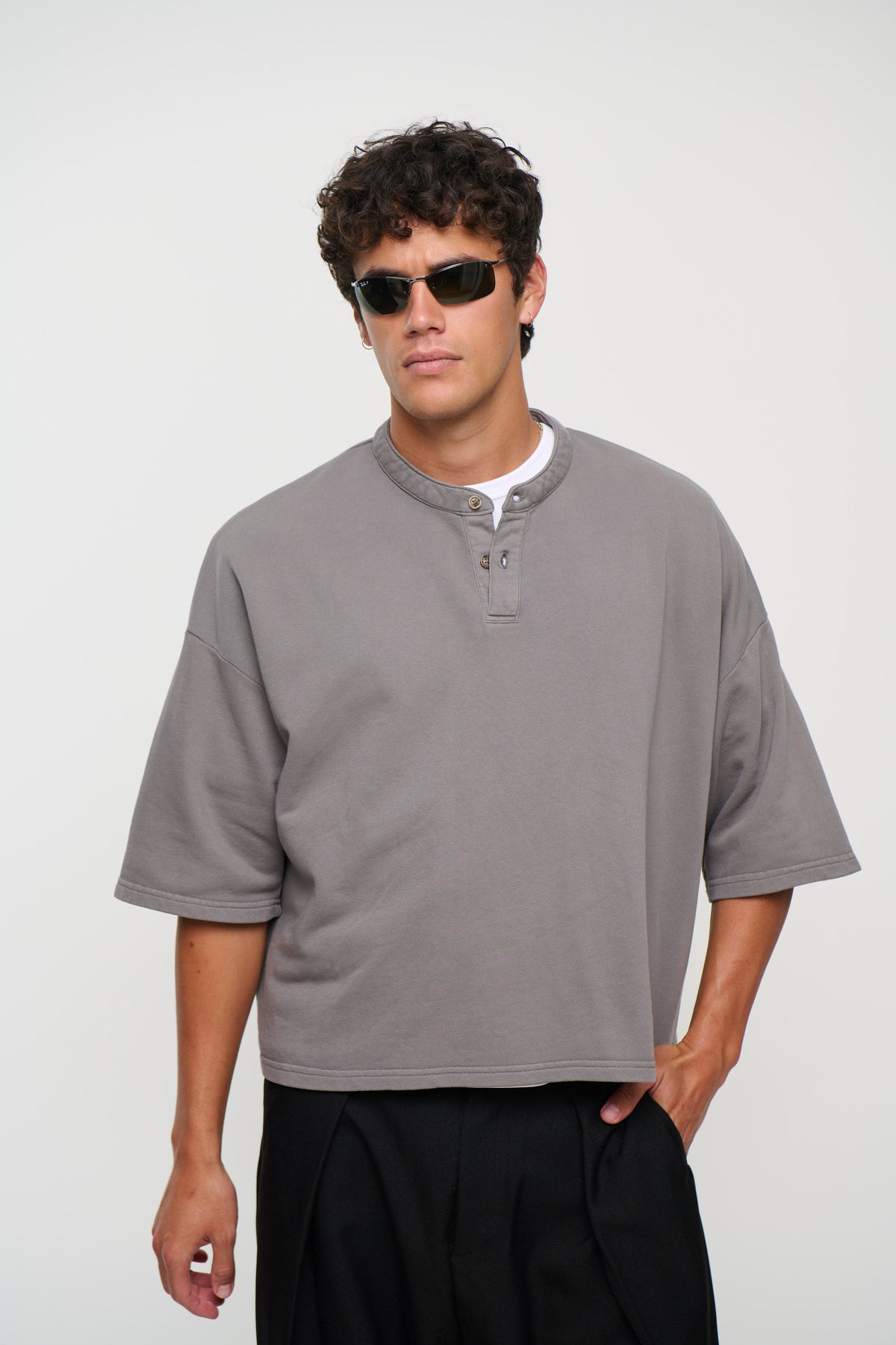 Fleece Crop Henley Tee Charcoal