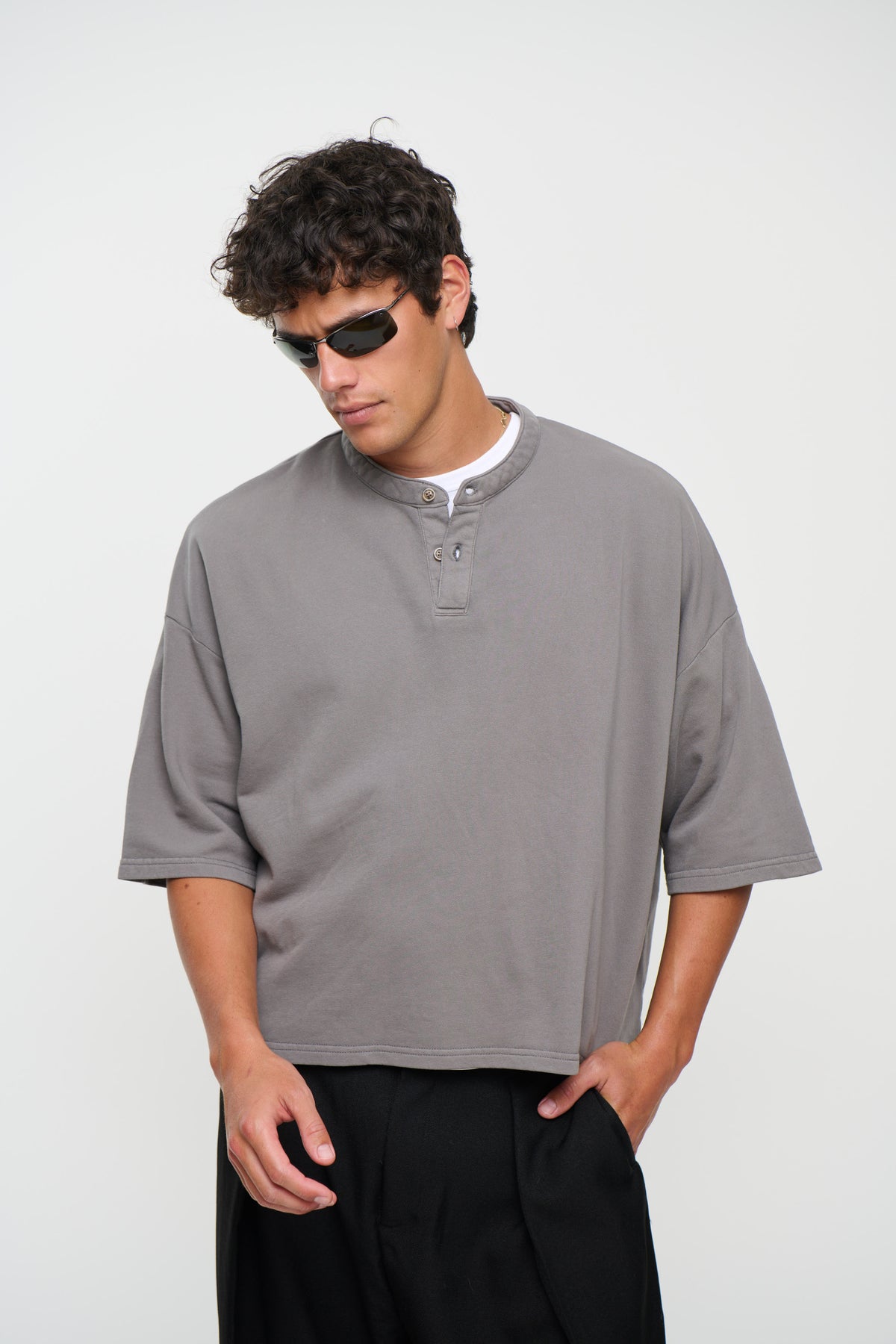 Fleece Crop Henley Tee Charcoal