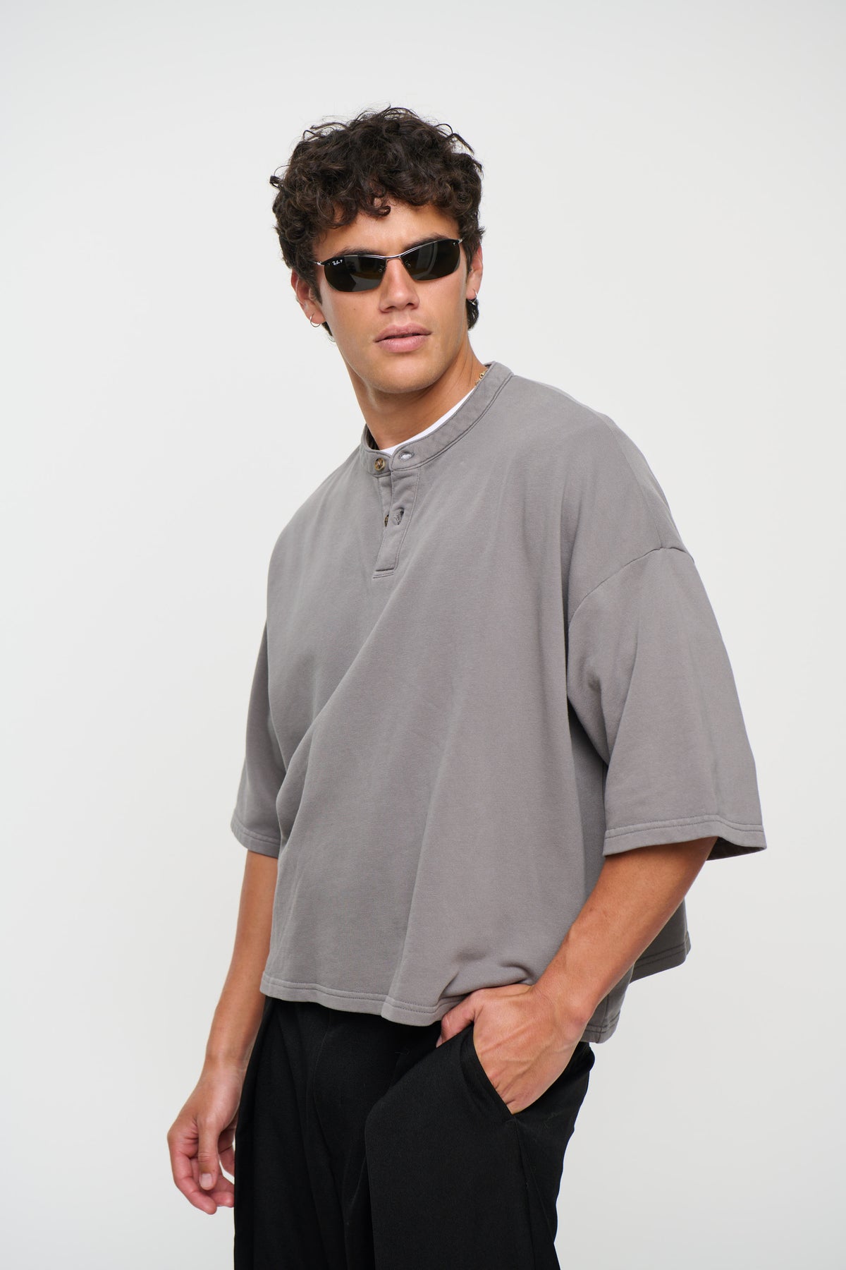 Fleece Crop Henley Tee Charcoal