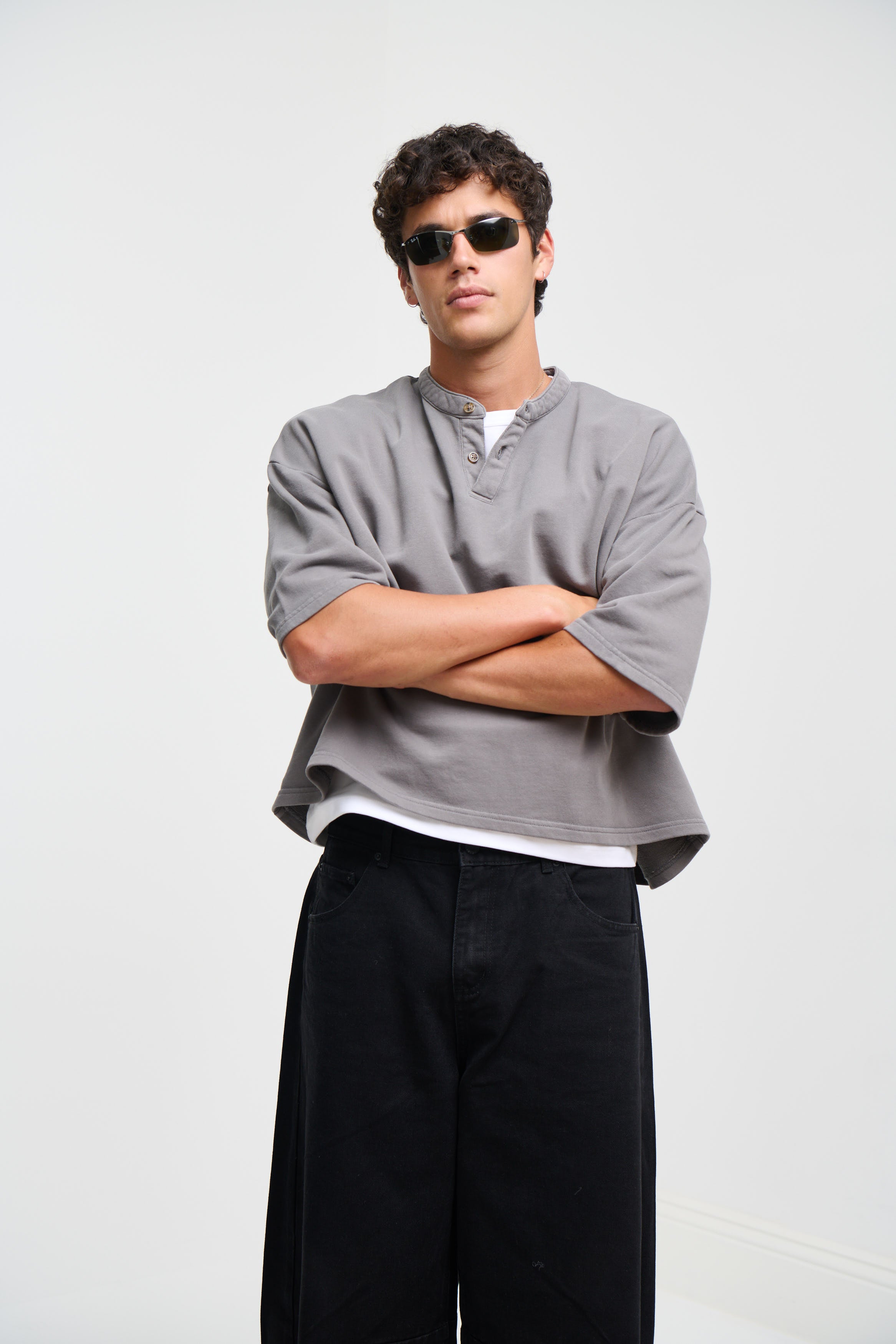 Fleece Crop Henley Tee Charcoal