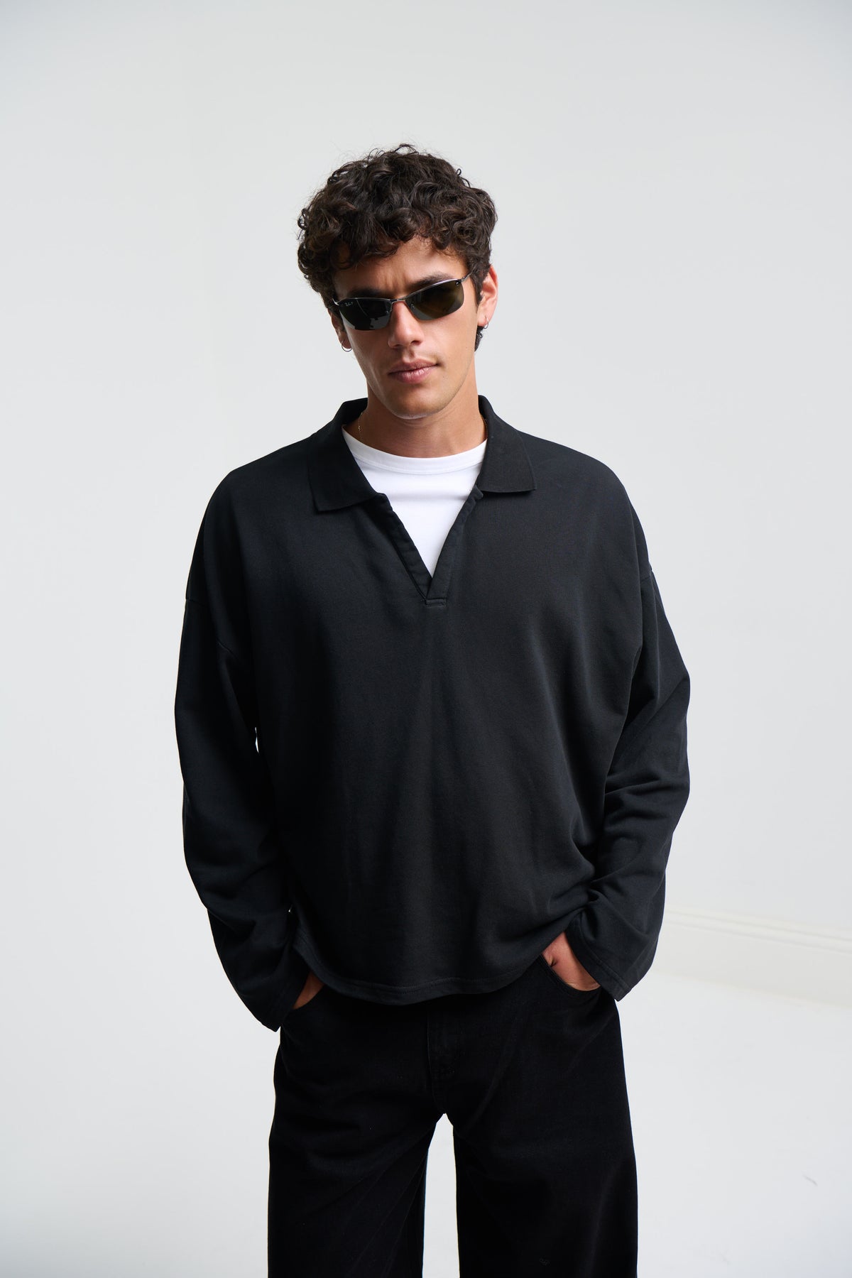 Jersey Crop Polo Long Sleeve Black