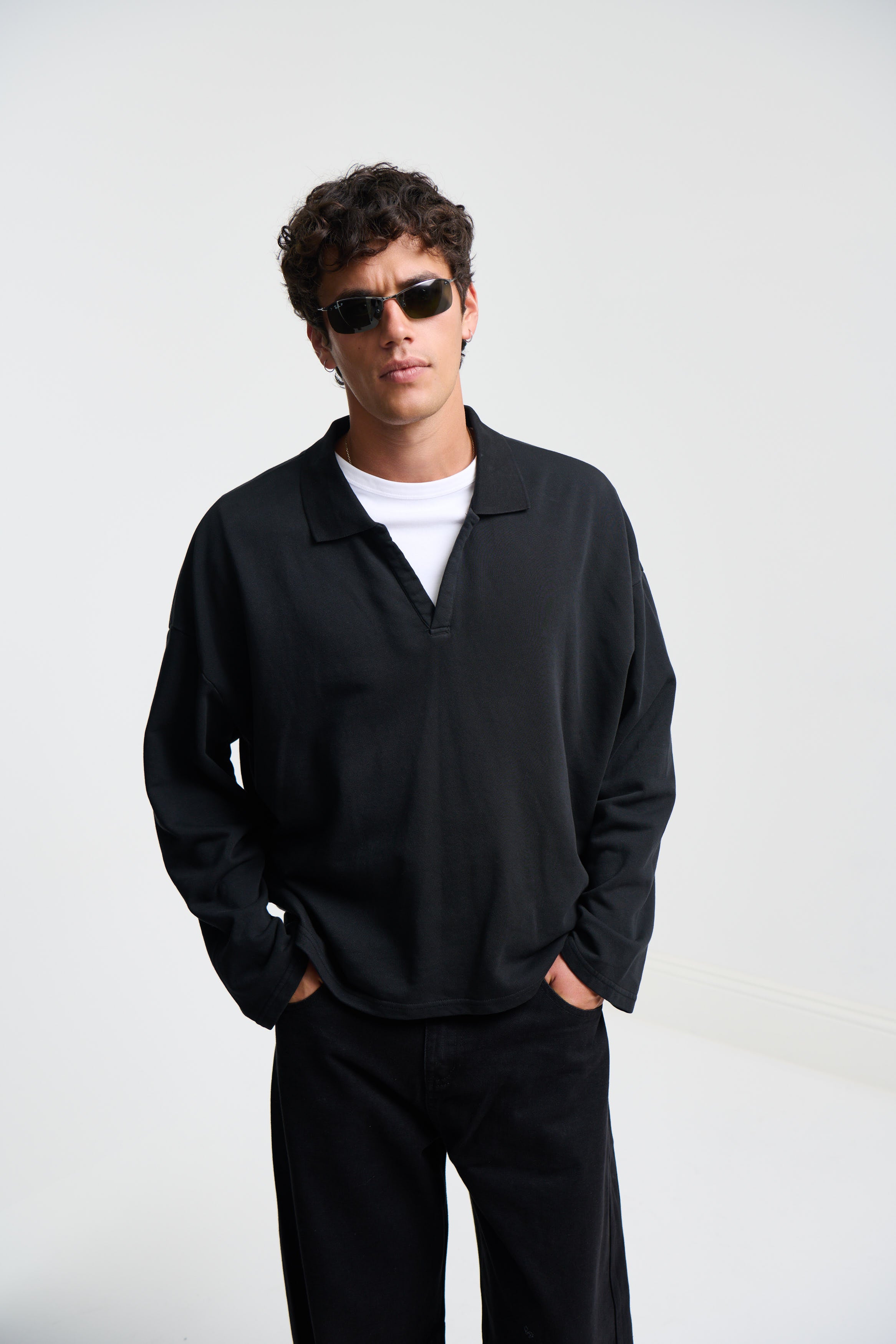 Jersey Crop Polo Long Sleeve Black