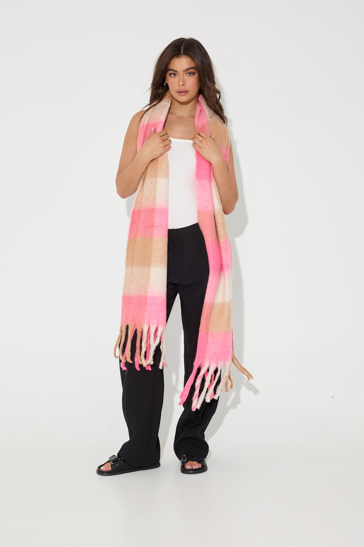 Neon Pink Checkered Fluffy Scarf