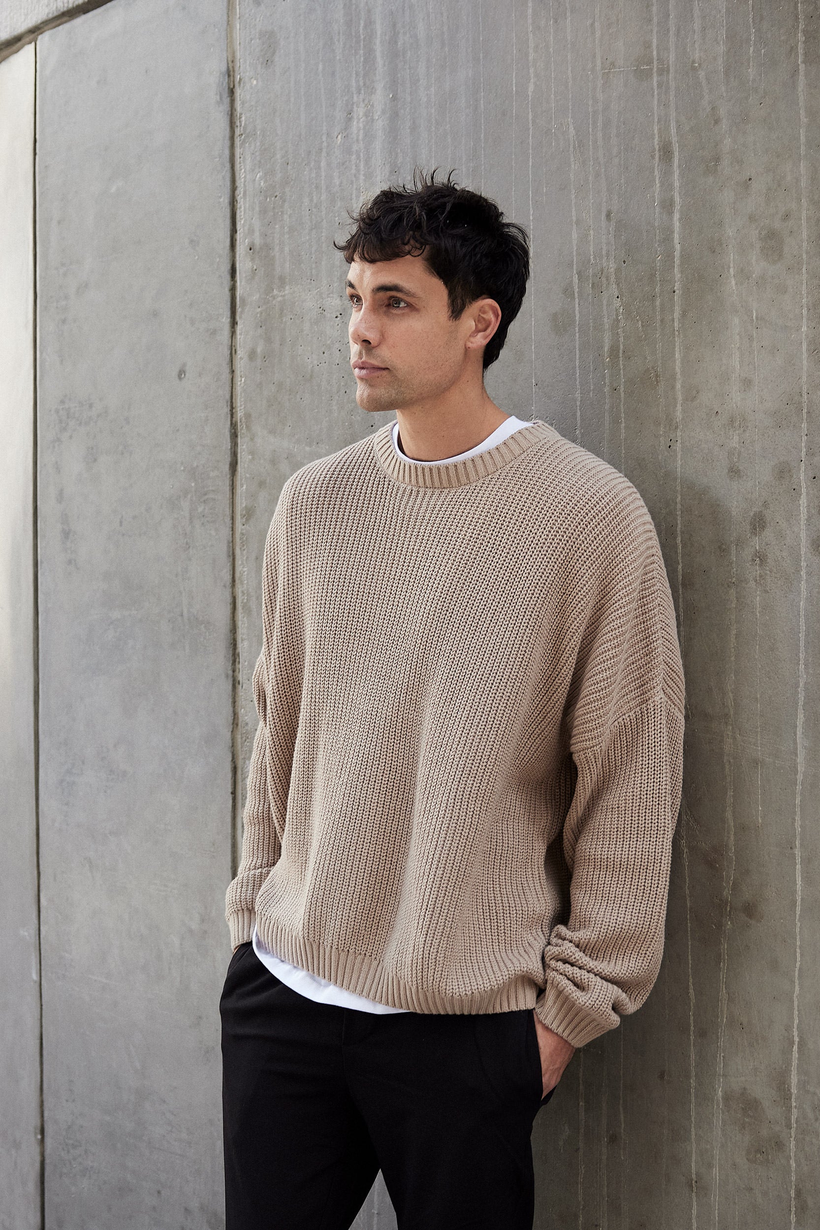 Drop Shoulder Box Knit Beige SALE