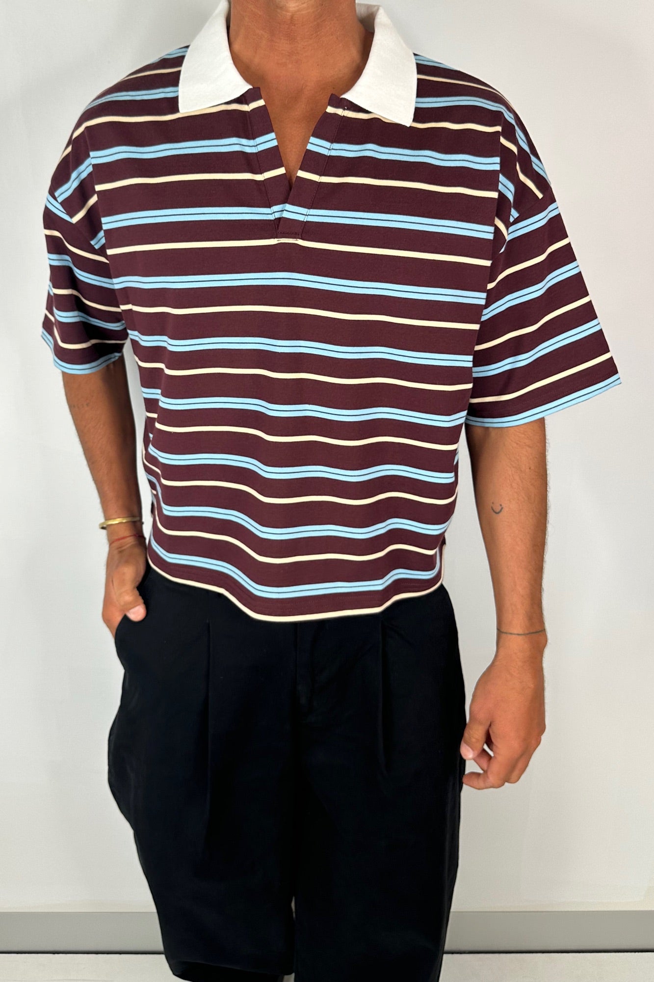 Jersey Crop Polo Wine Stripe