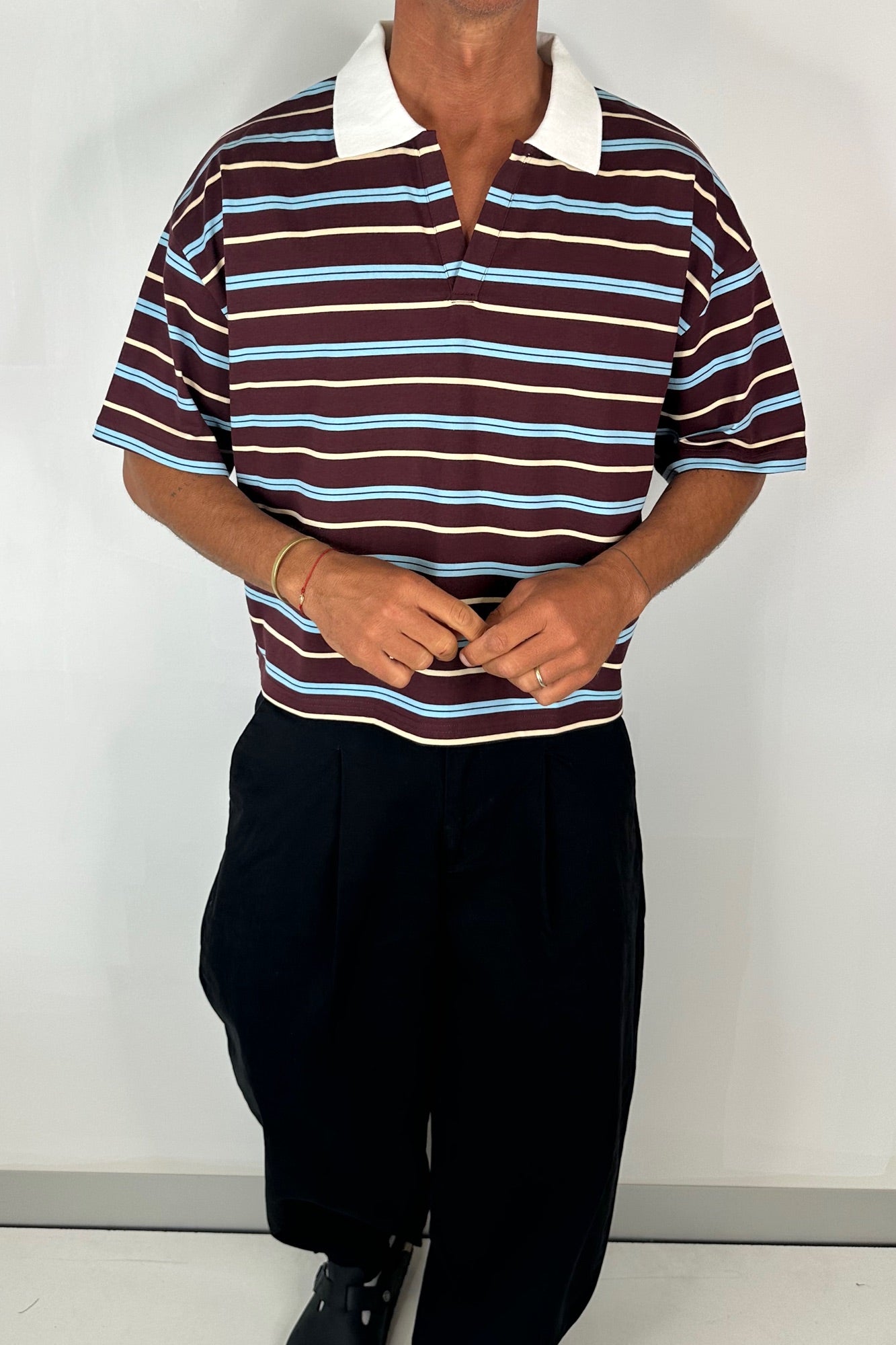 Jersey Crop Polo Wine Stripe