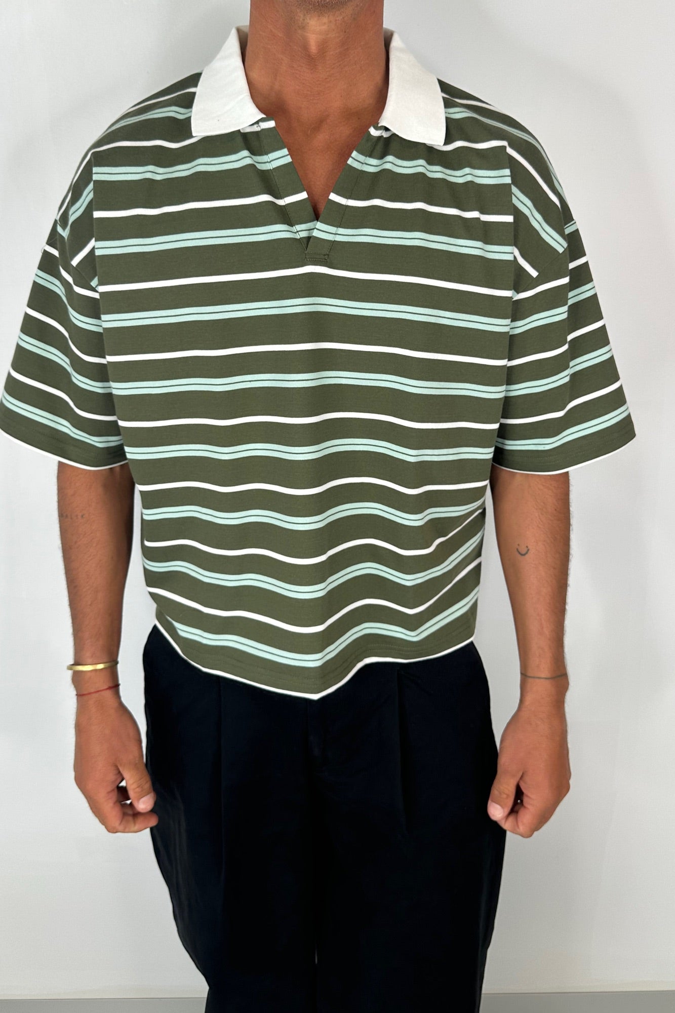Jersey Crop Polo Olive Stripe