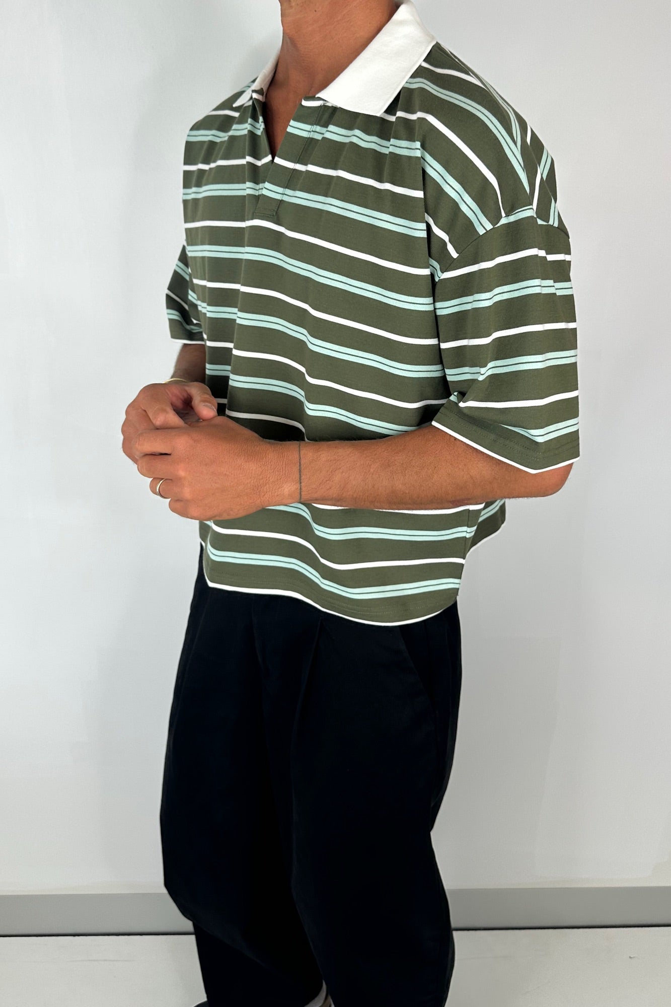 Jersey Crop Polo Olive Stripe