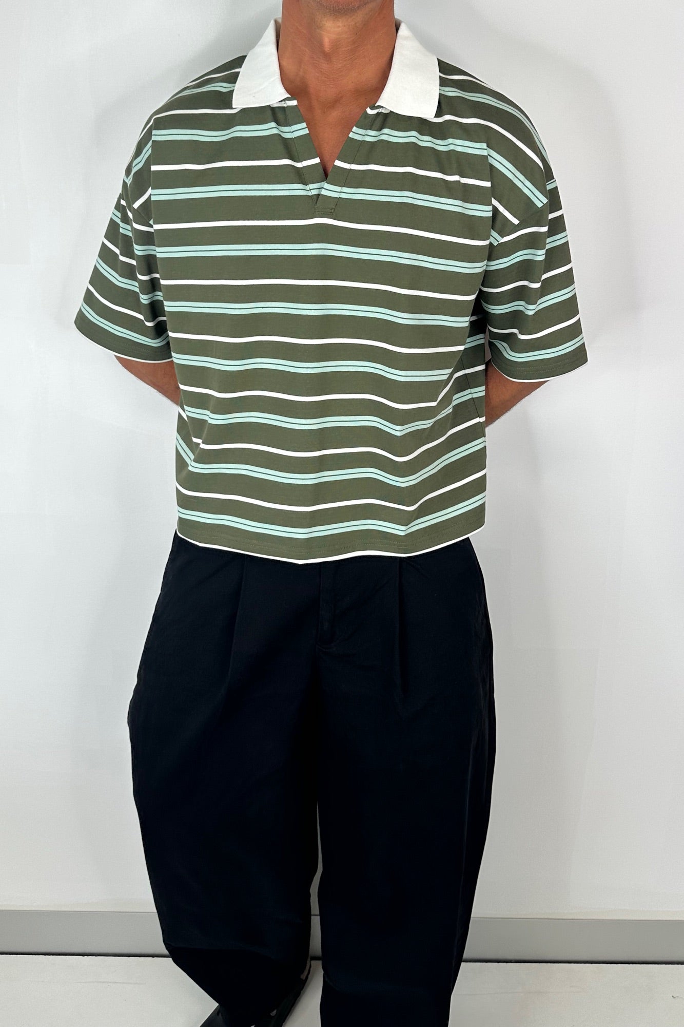 Jersey Crop Polo Olive Stripe