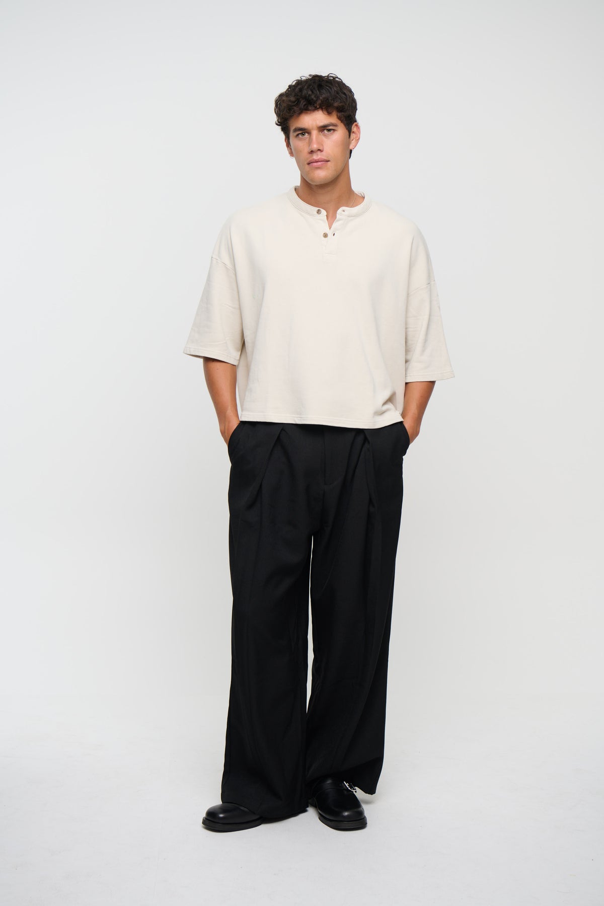 Fleece Crop Henley Tee Ivory