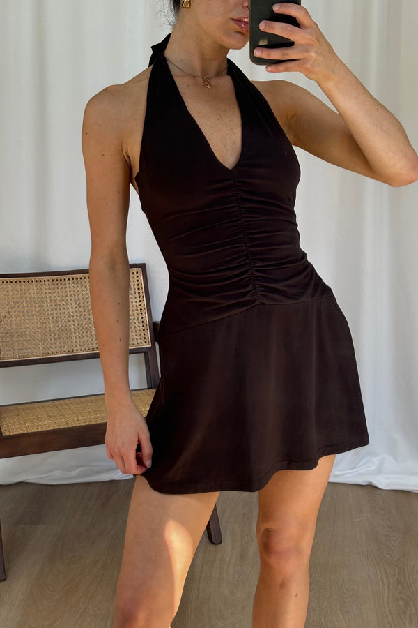 Sera Halter Mini Dress Chocolate