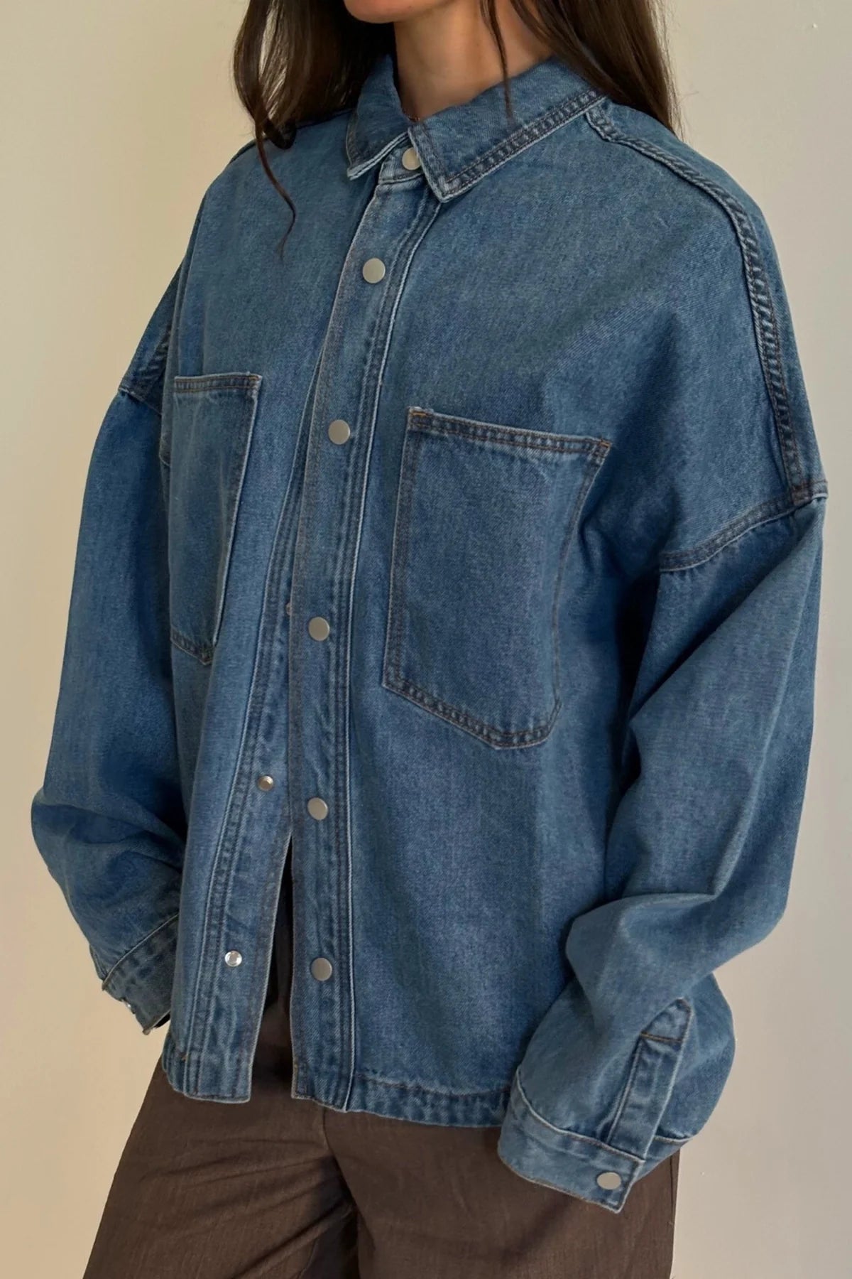 Unisex Drop Shoulder Denim Shirt Blue