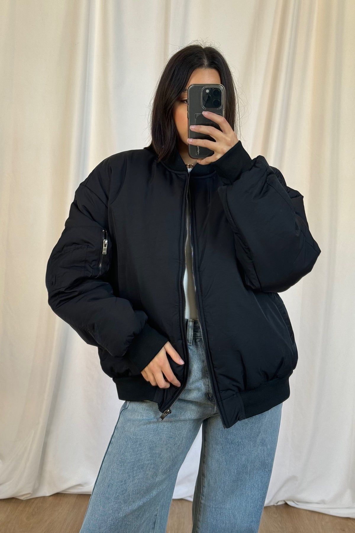 Unisex Drop Sleeve Bomber Black