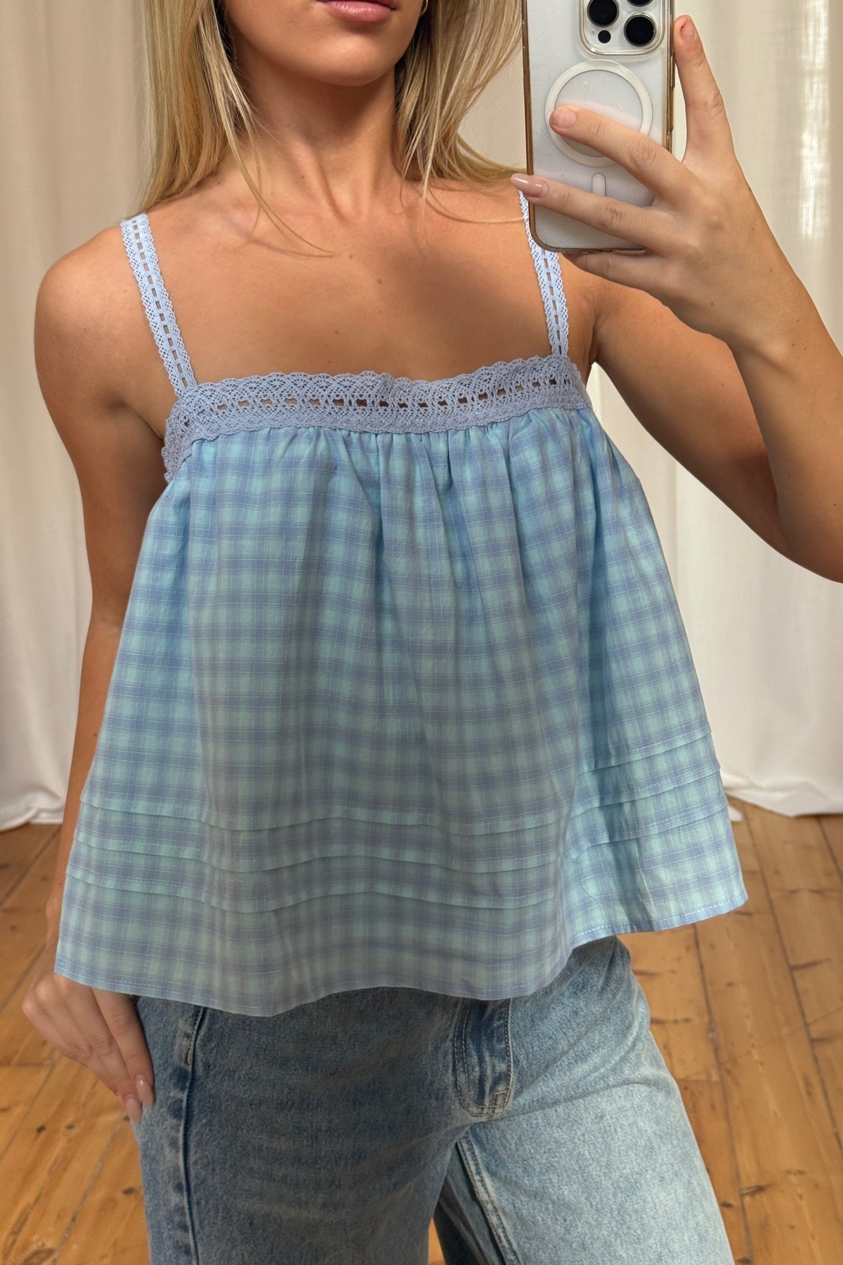 Lottie Lace Trim Top Sky