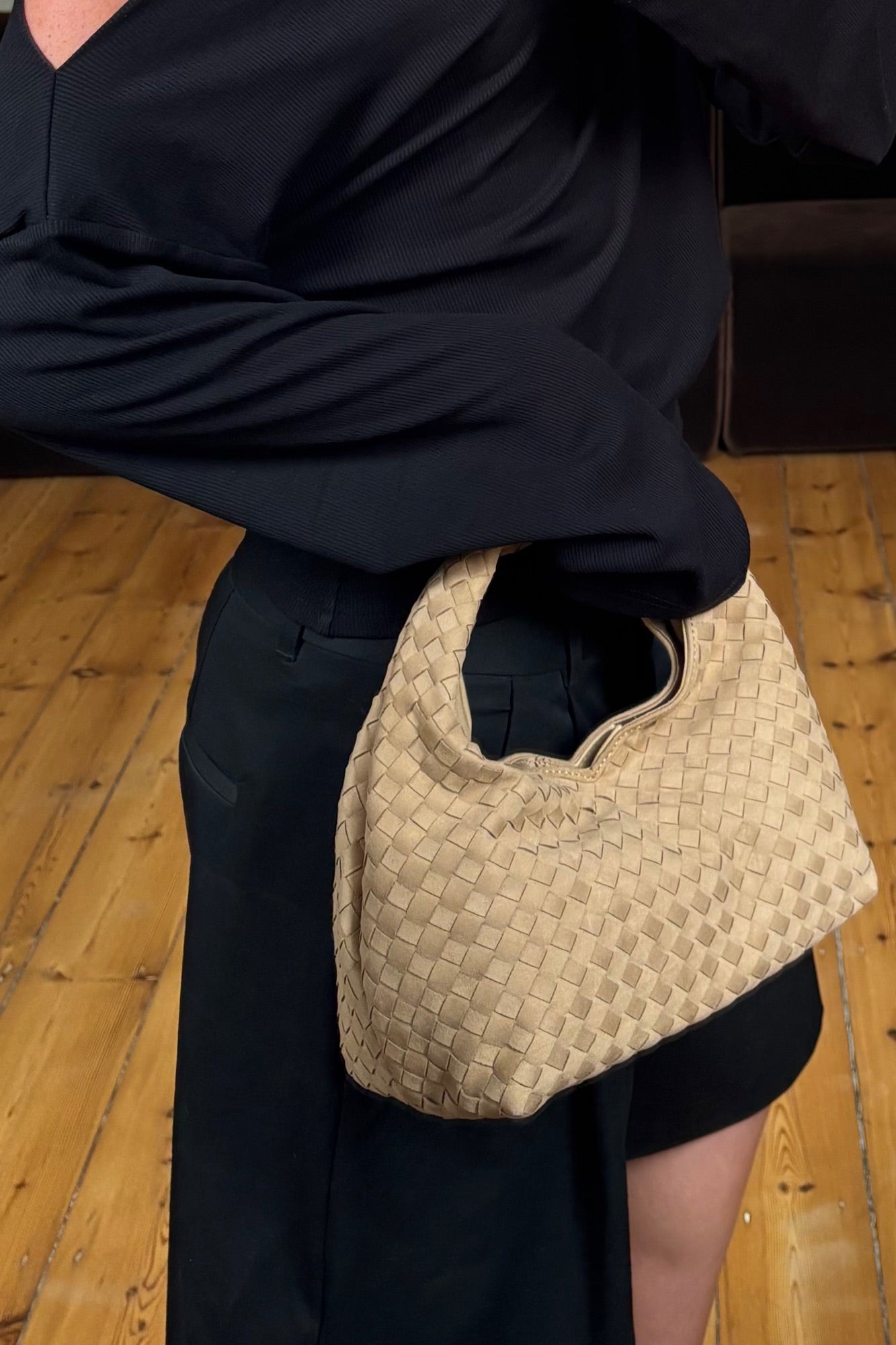 Solene Woven Handle Bag Biscuit Suede