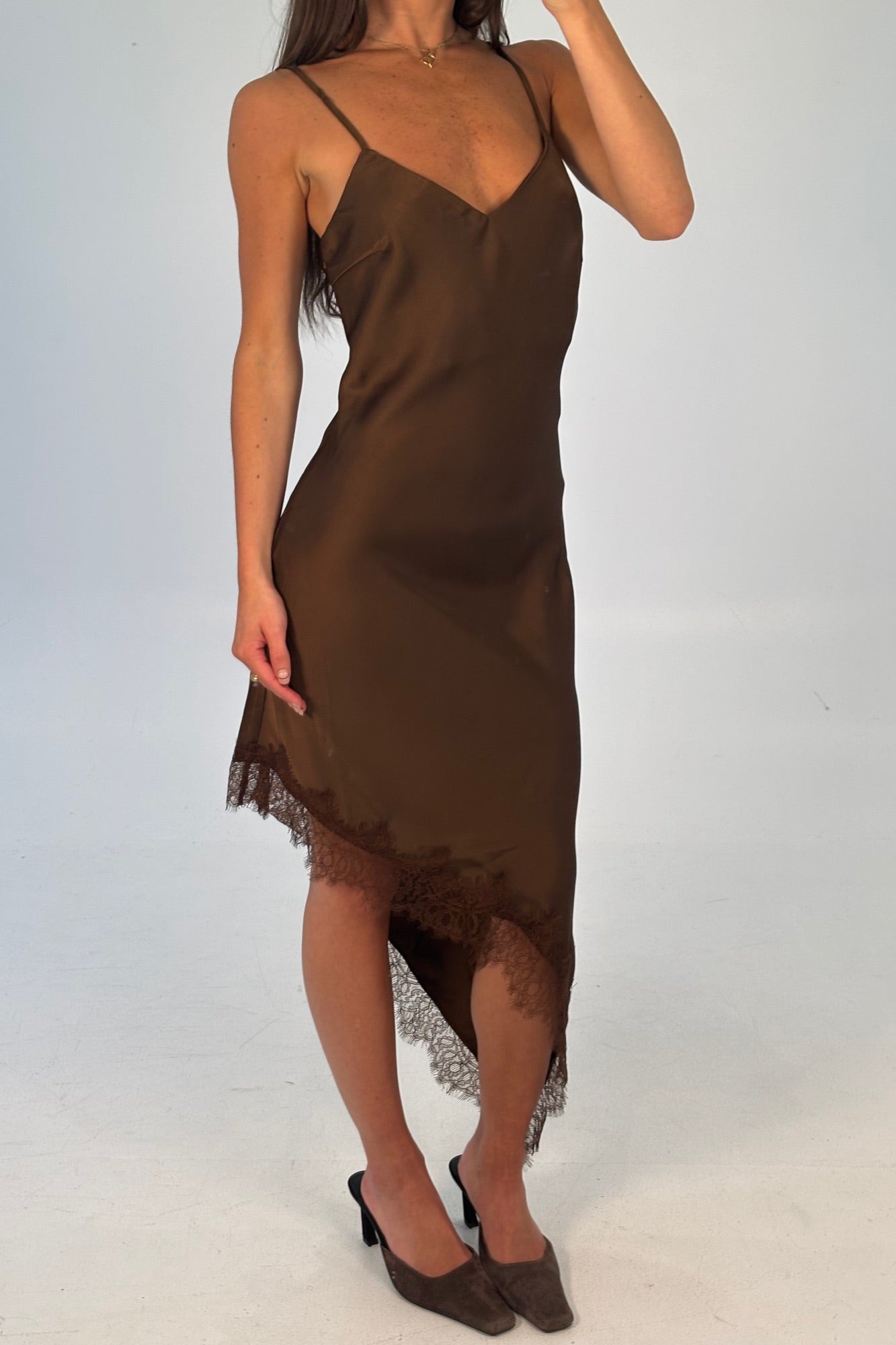 Margot Satin Lace Dress Chocolate