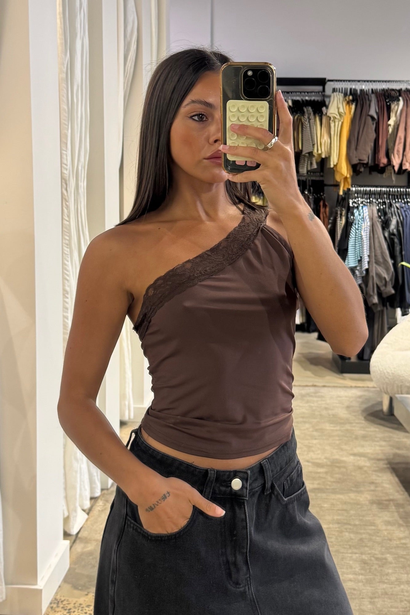 Bek Lace Trim Top Chocolate