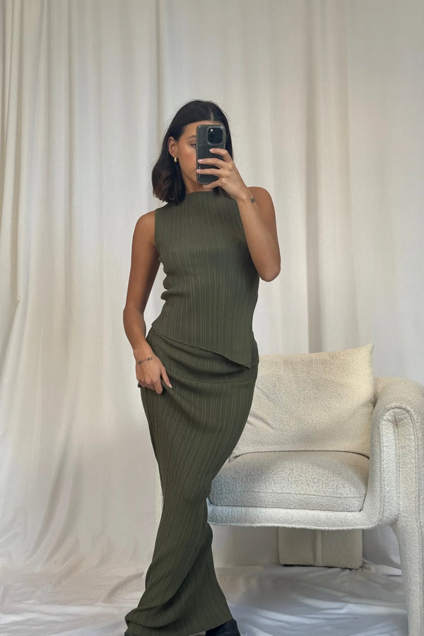 Bella Ribbed Skirt Khaki - FINAL SALE