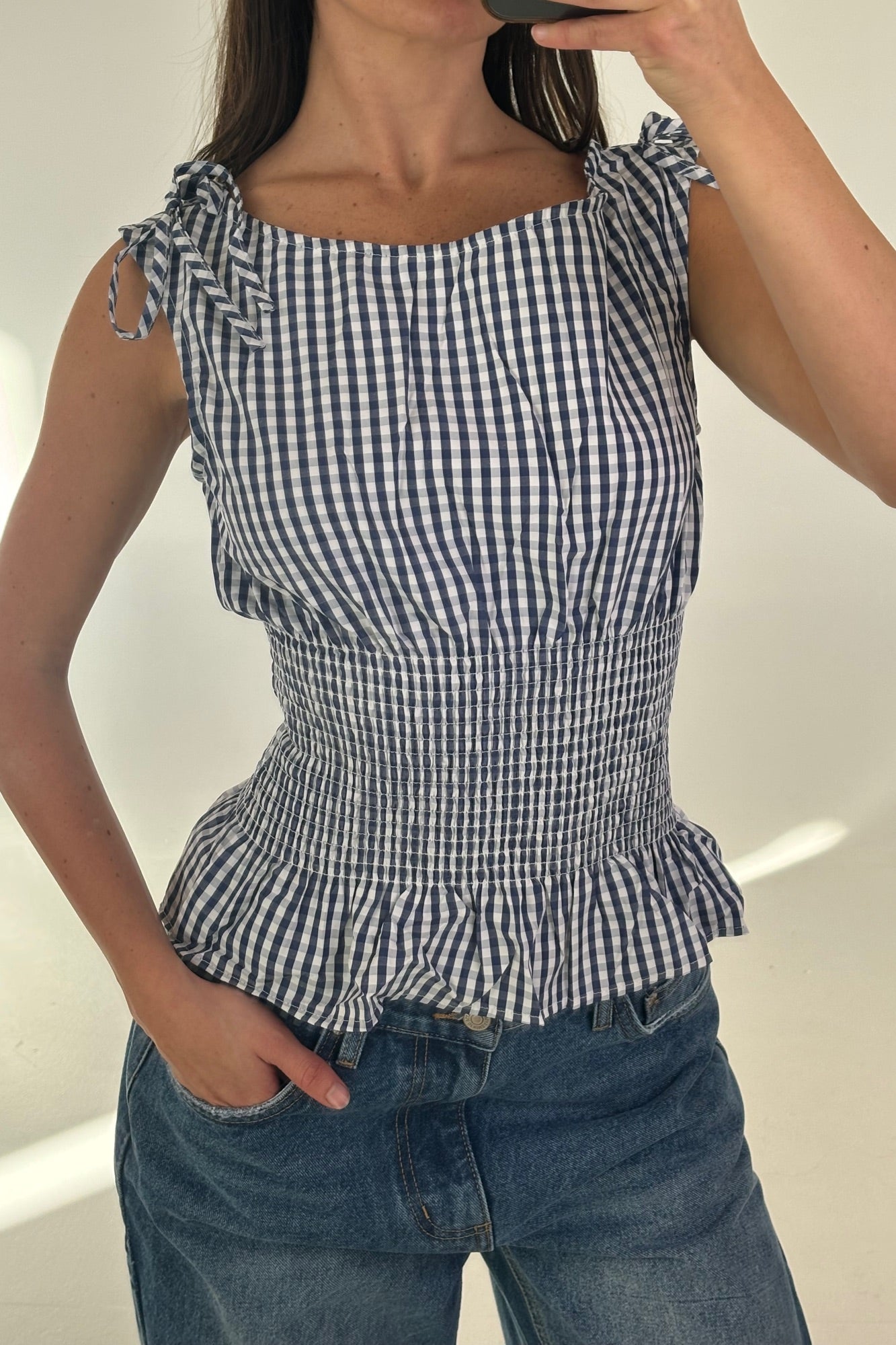 Harrison Gingham Top Blue