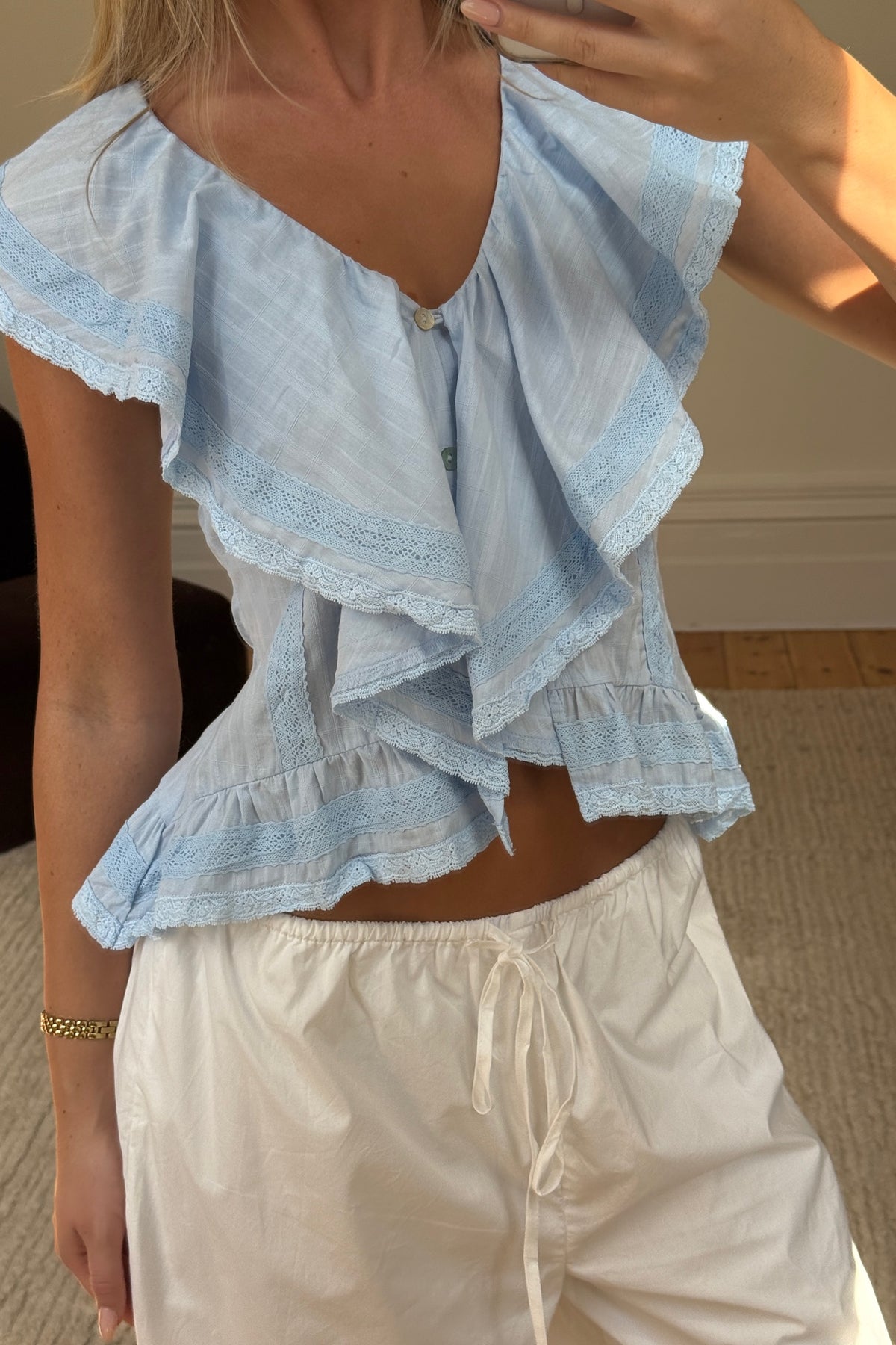 Dainty Lace Trim Top Sky