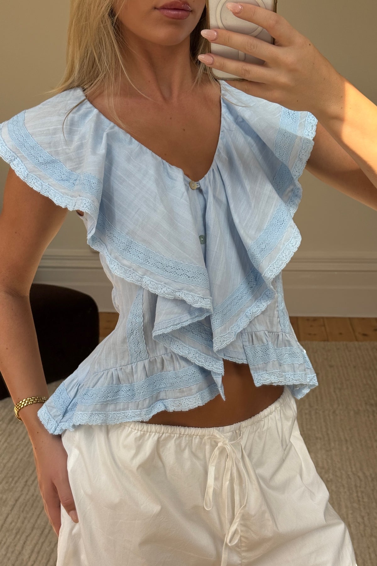 Dainty Lace Trim Top Sky